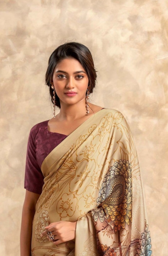 Stark Cream Digital Printed Soft Silk Saree