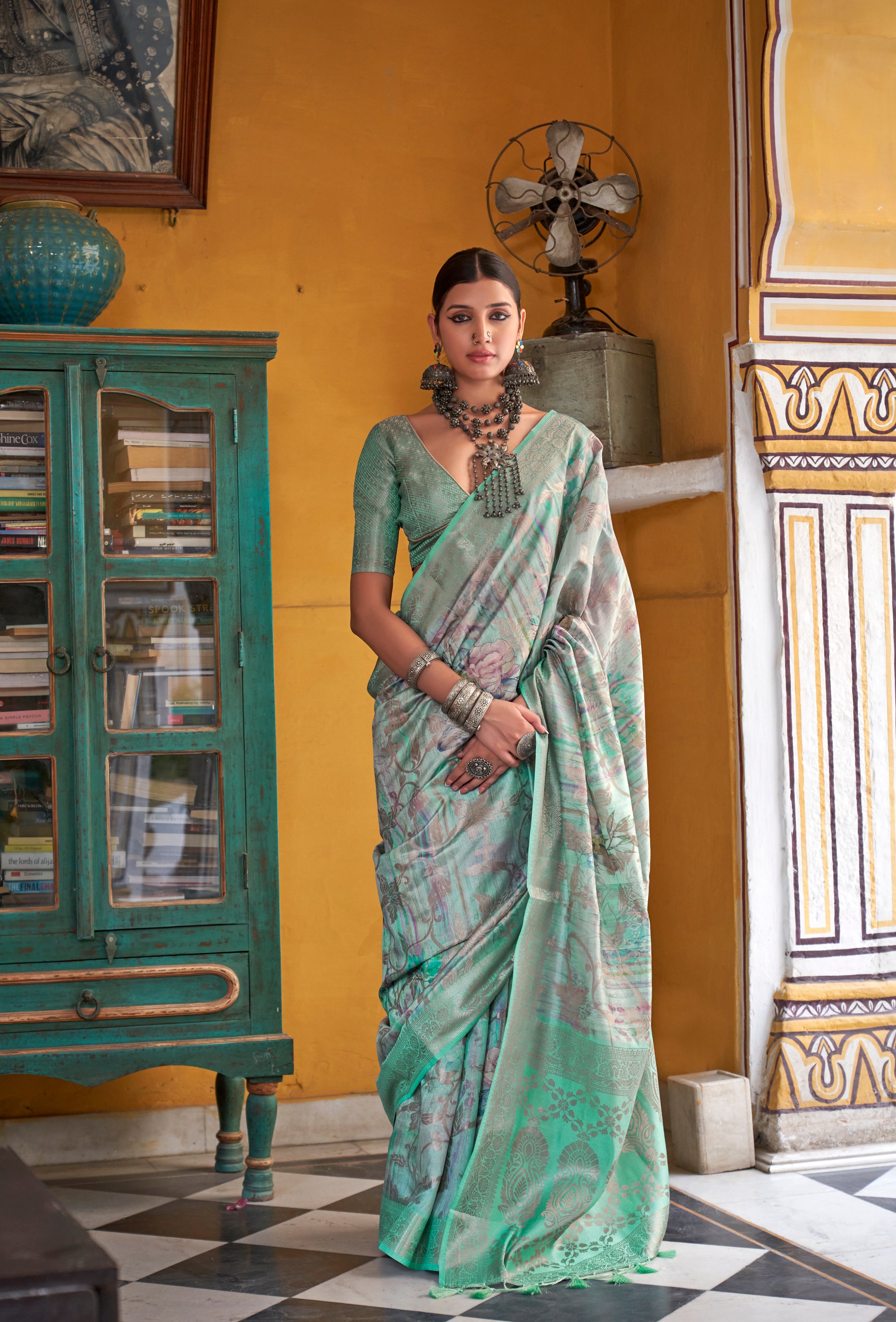 Tale Green Soft Cotton Silk With Floral Digital Print Saree