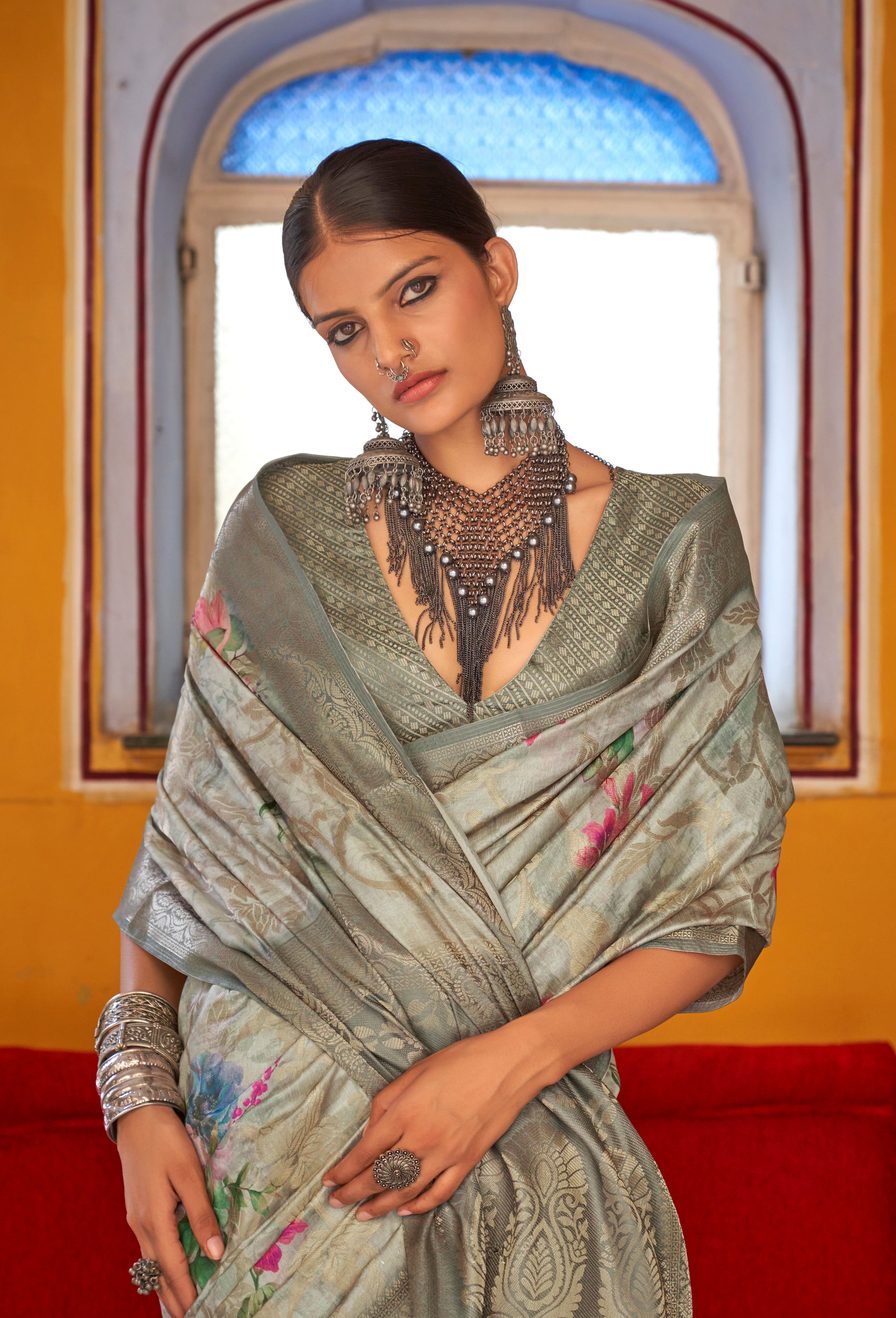 Grey Soft Cotton Silk With Floral Digital Print Saree