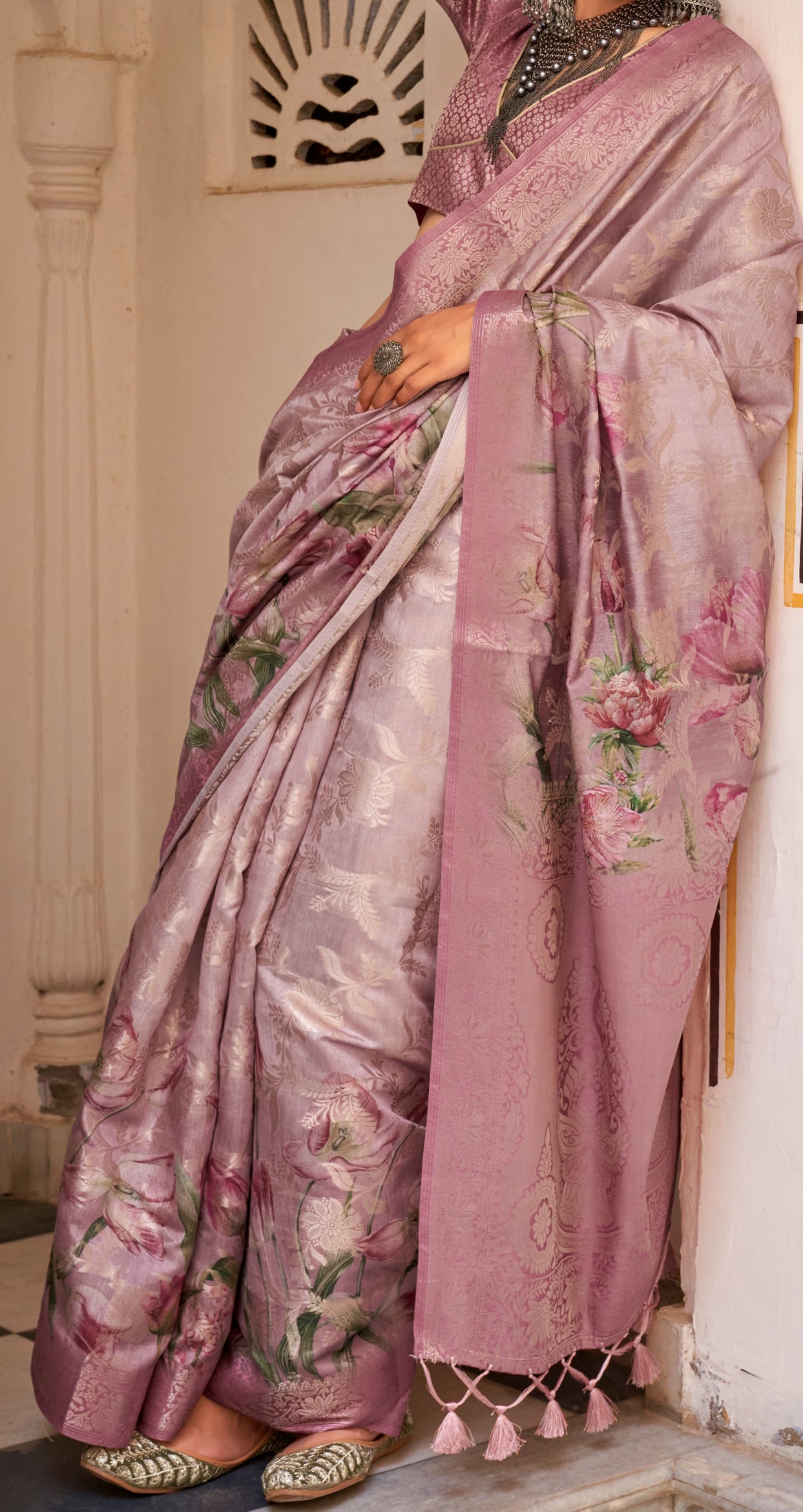 Pink Soft Cotton Silk With Floral Digital Print Saree