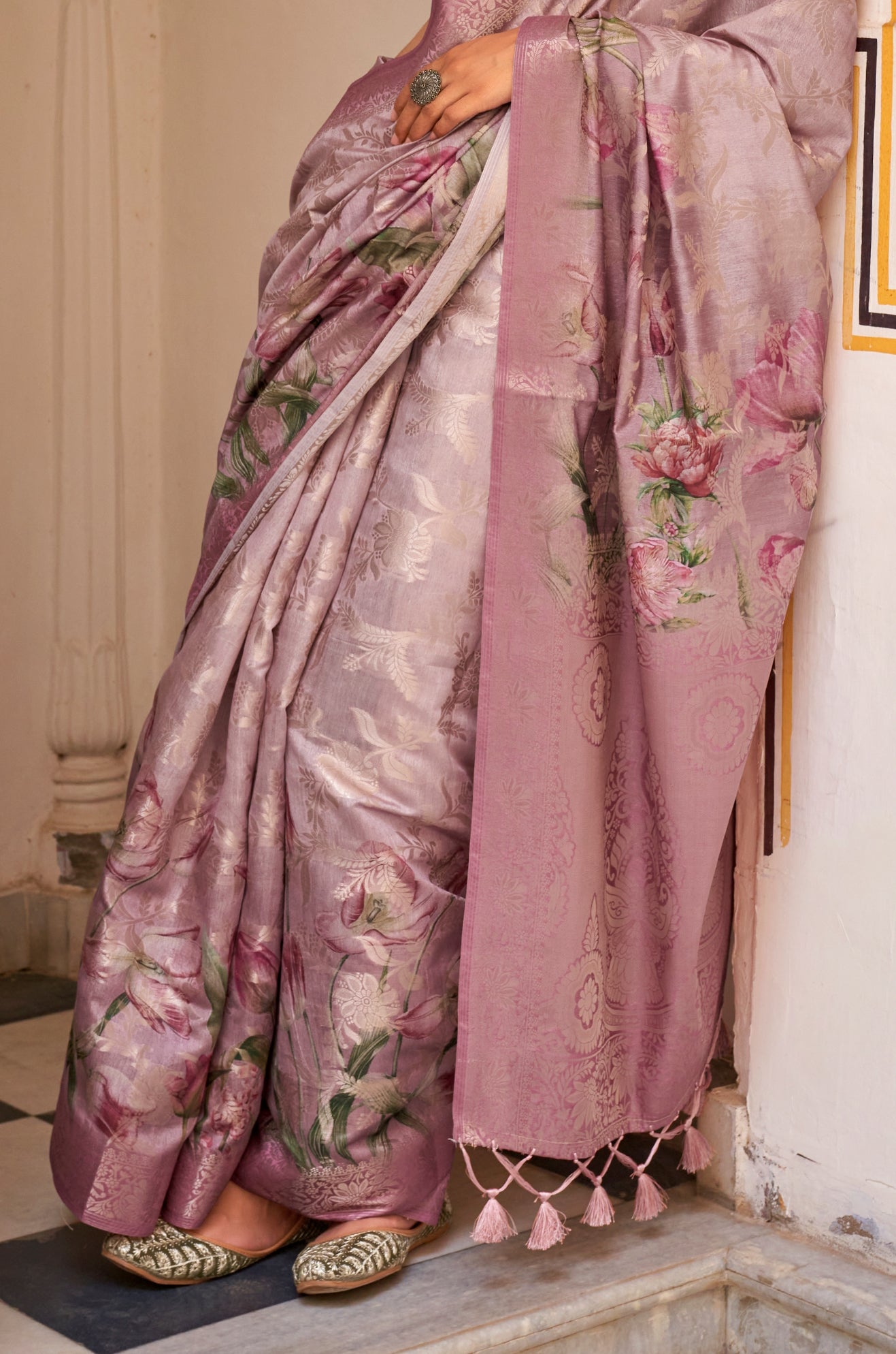 Pink Soft Cotton Silk With Floral Digital Print Saree