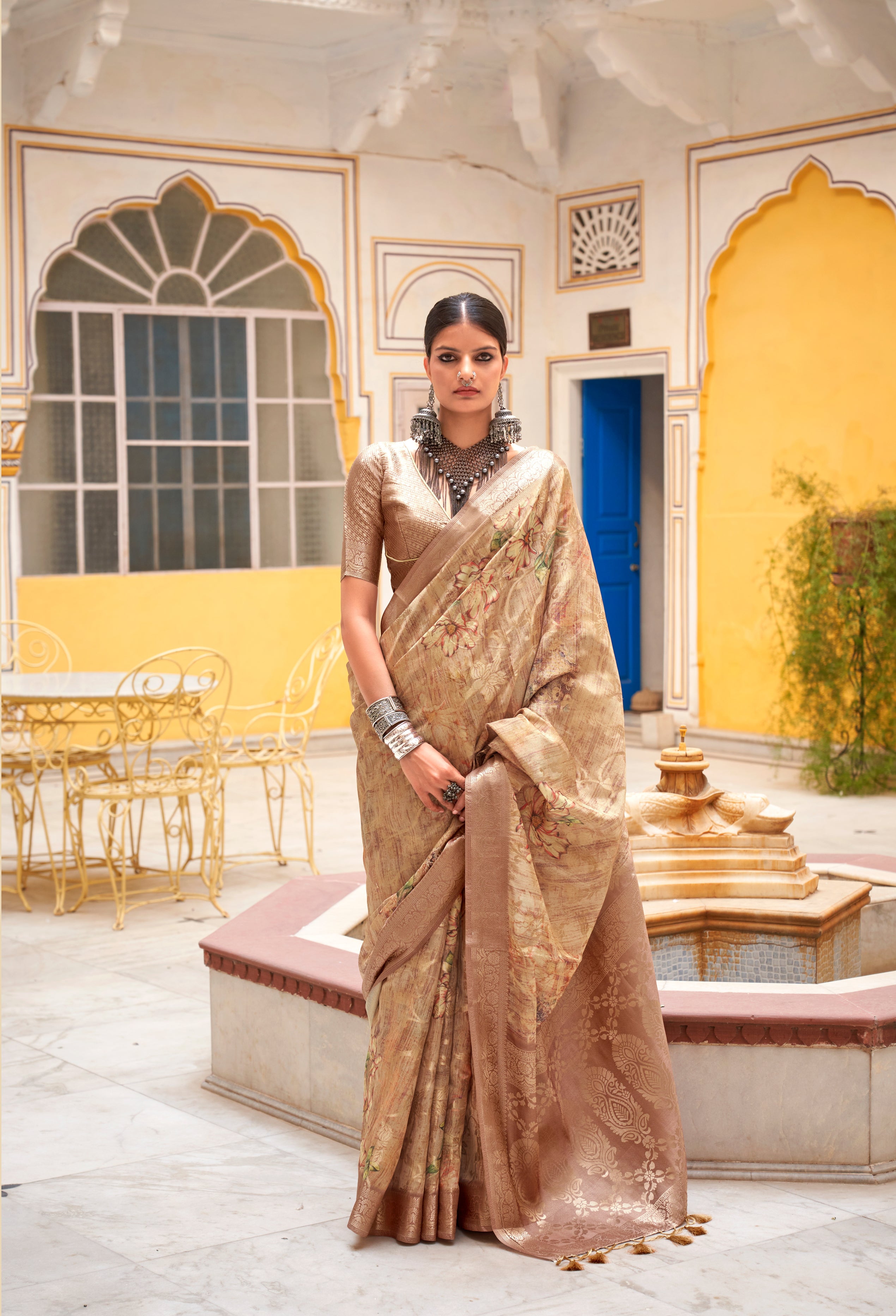 Golden Soft Cotton Silk With Floral Digital print Saree