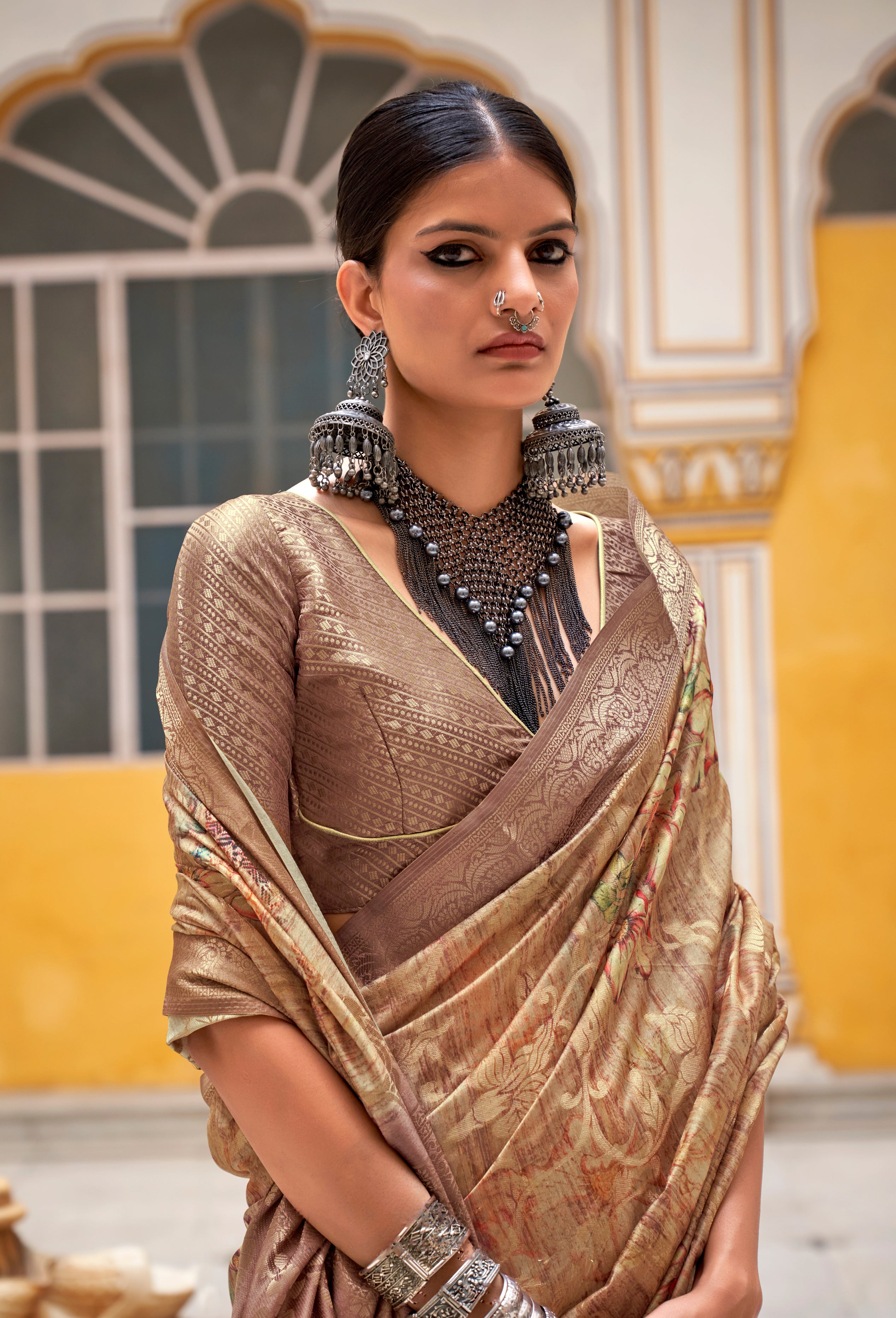 Golden Soft Cotton Silk With Floral Digital print Saree