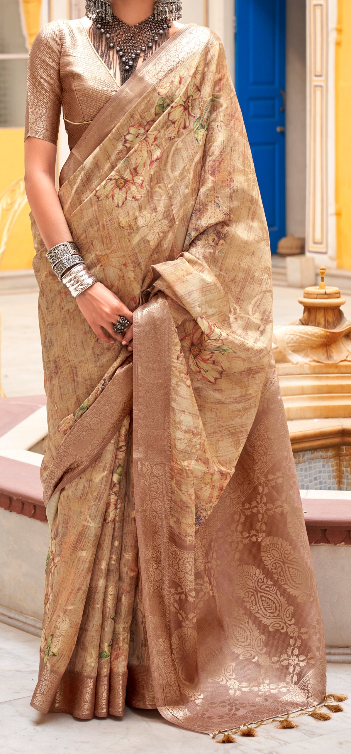 Golden Soft Cotton Silk With Floral Digital print Saree