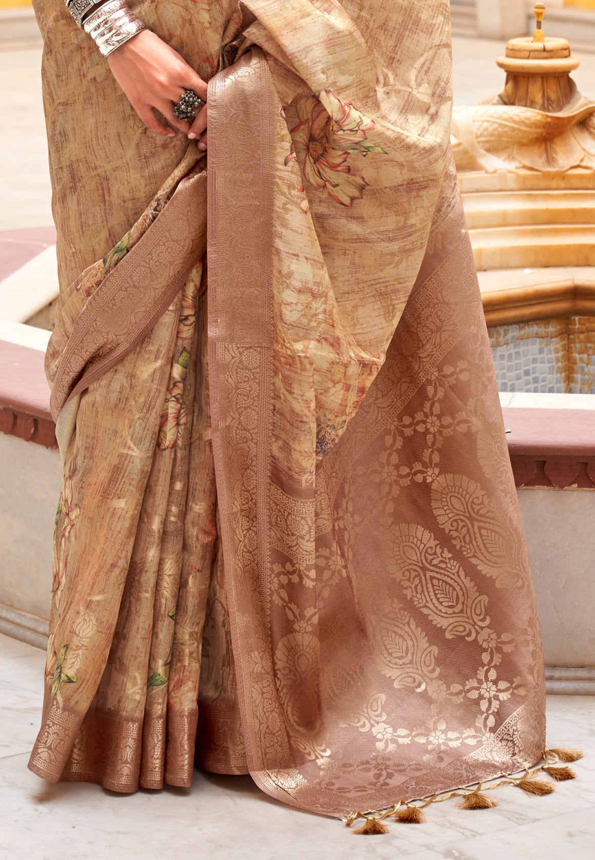 Golden Soft Cotton Silk With Floral Digital print Saree