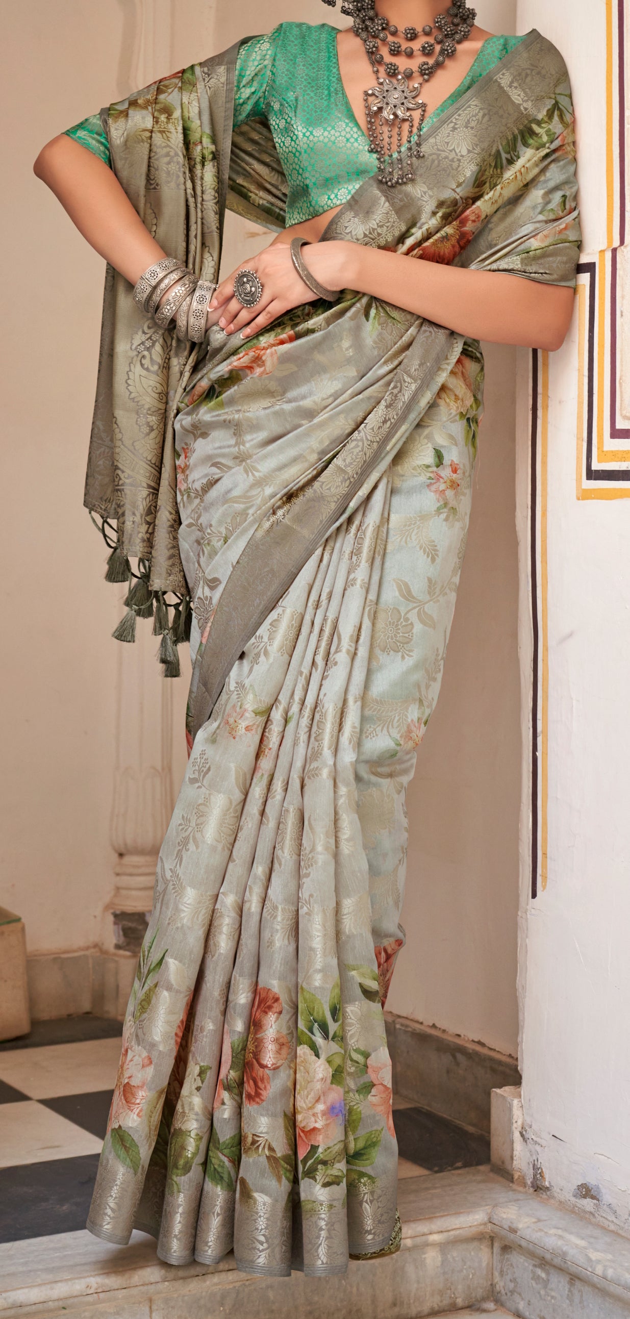 Pista Color Soft Cotton Silk With Floral Digital Print Saree