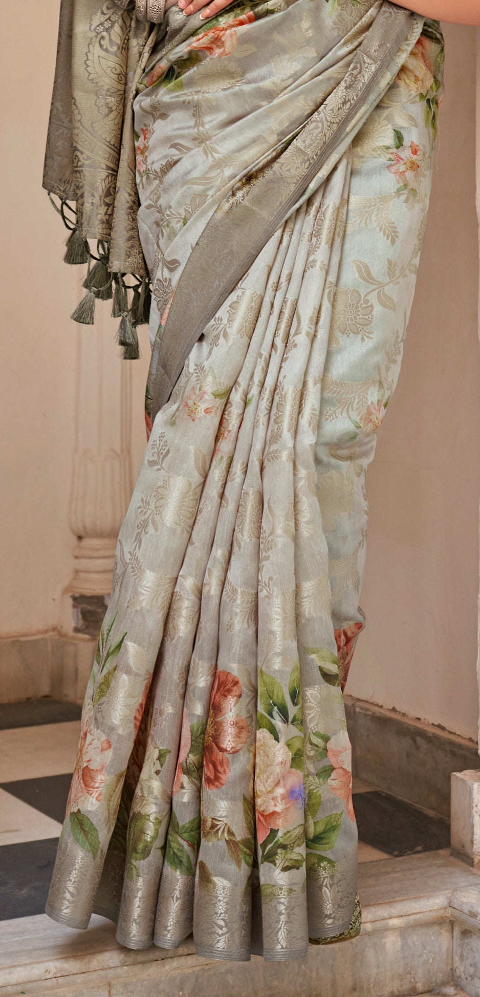 Pista Color Soft Cotton Silk With Floral Digital Print Saree