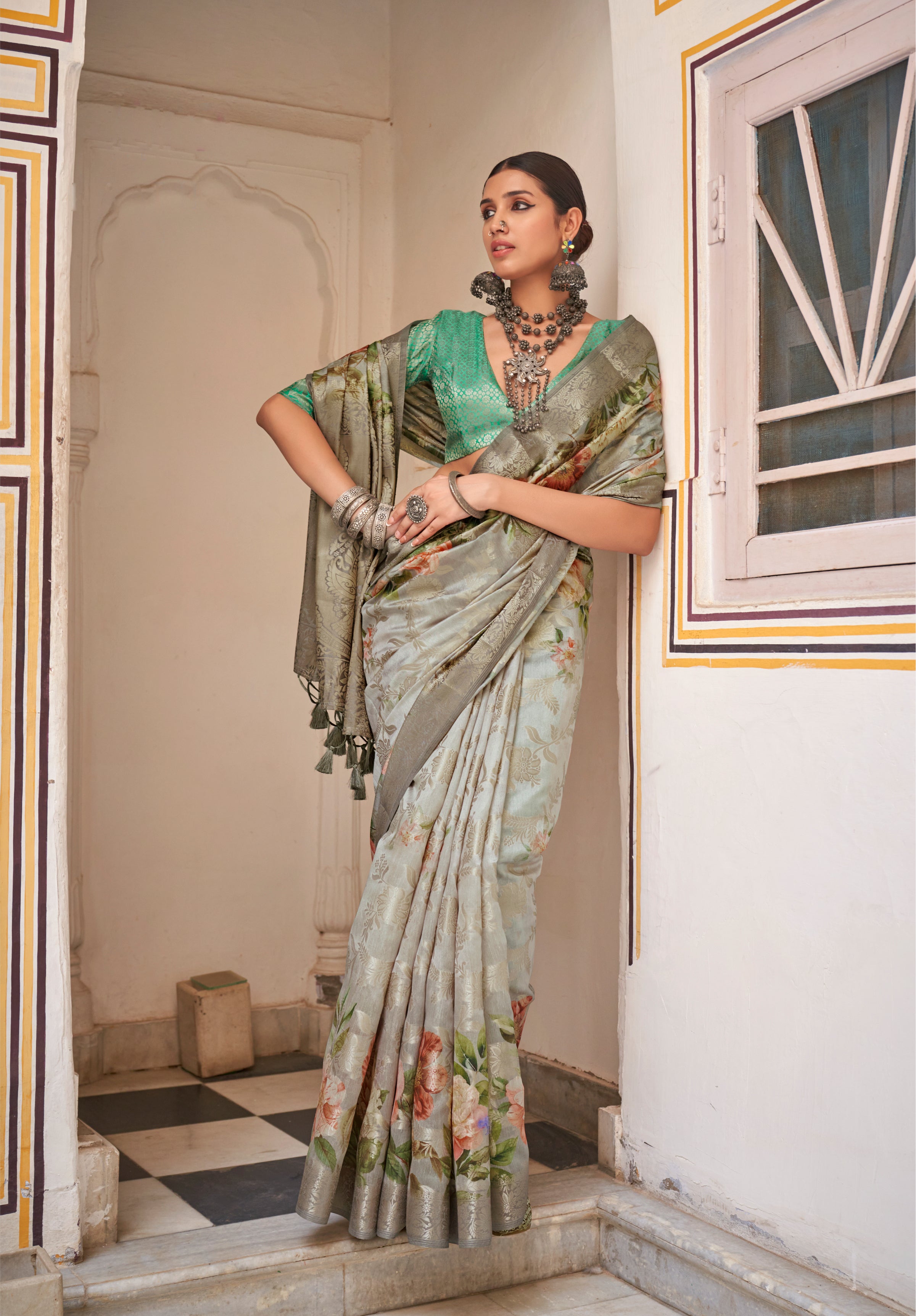 Pista Color Soft Cotton Silk With Floral Digital Print Saree