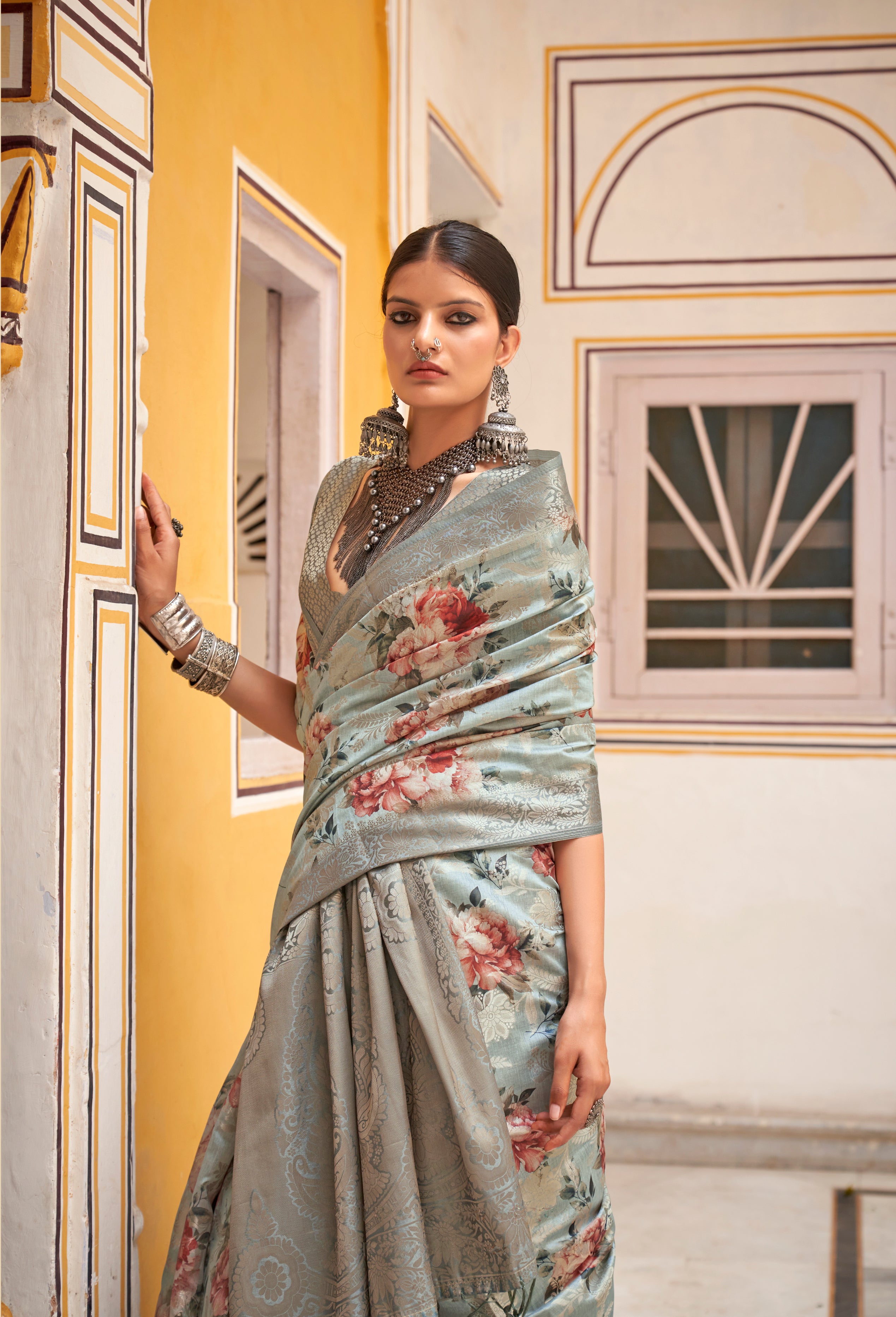 Tale Blue Color Soft Cotton Silk With Floral Digital Print Saree