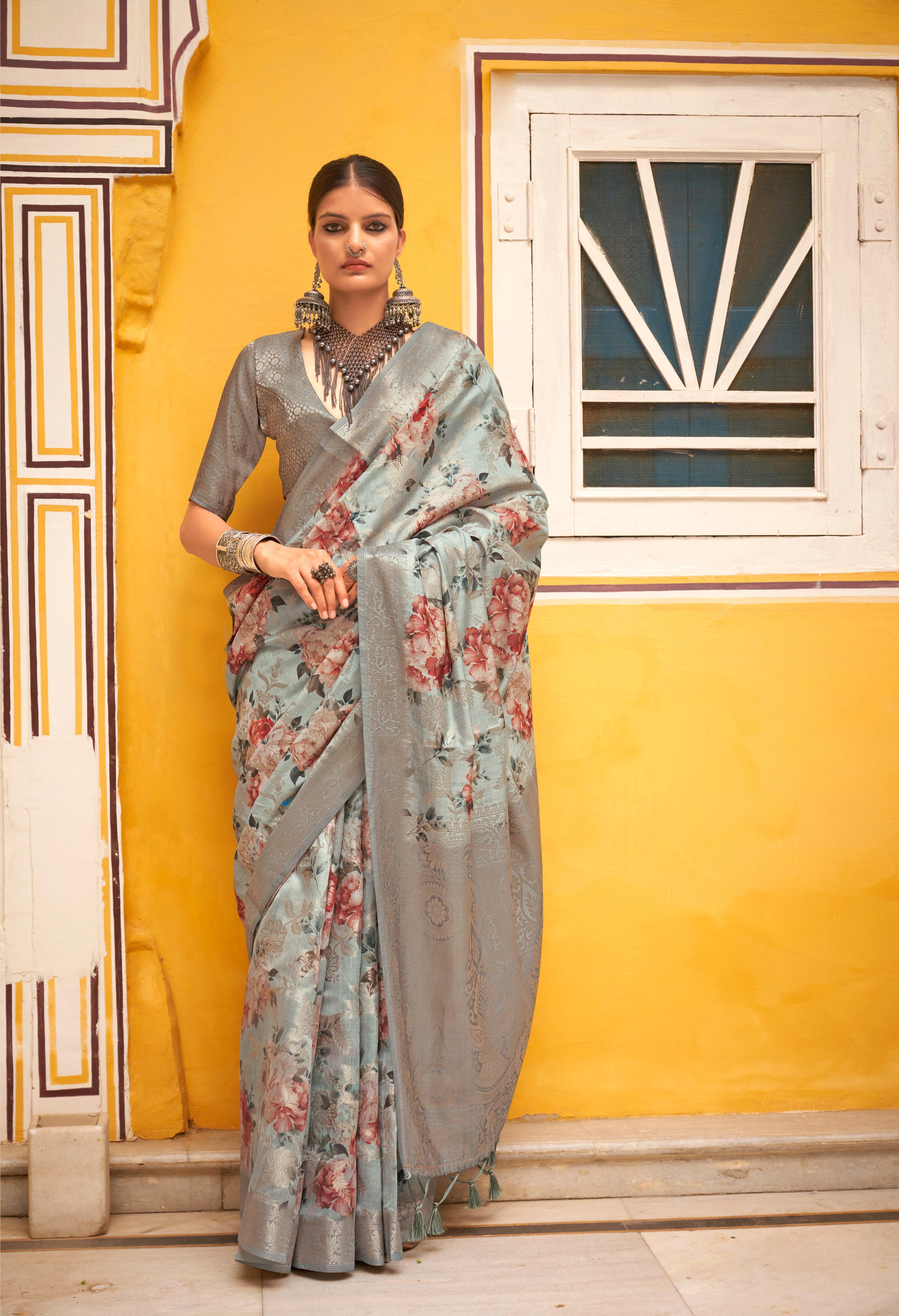 Tale Blue Color Soft Cotton Silk With Floral Digital Print Saree