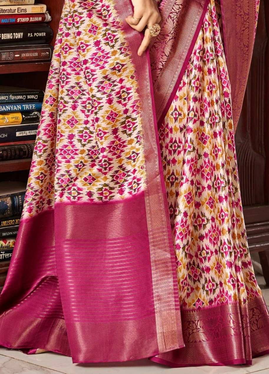 Royal Pink Digital Printed Satin Silk Saree