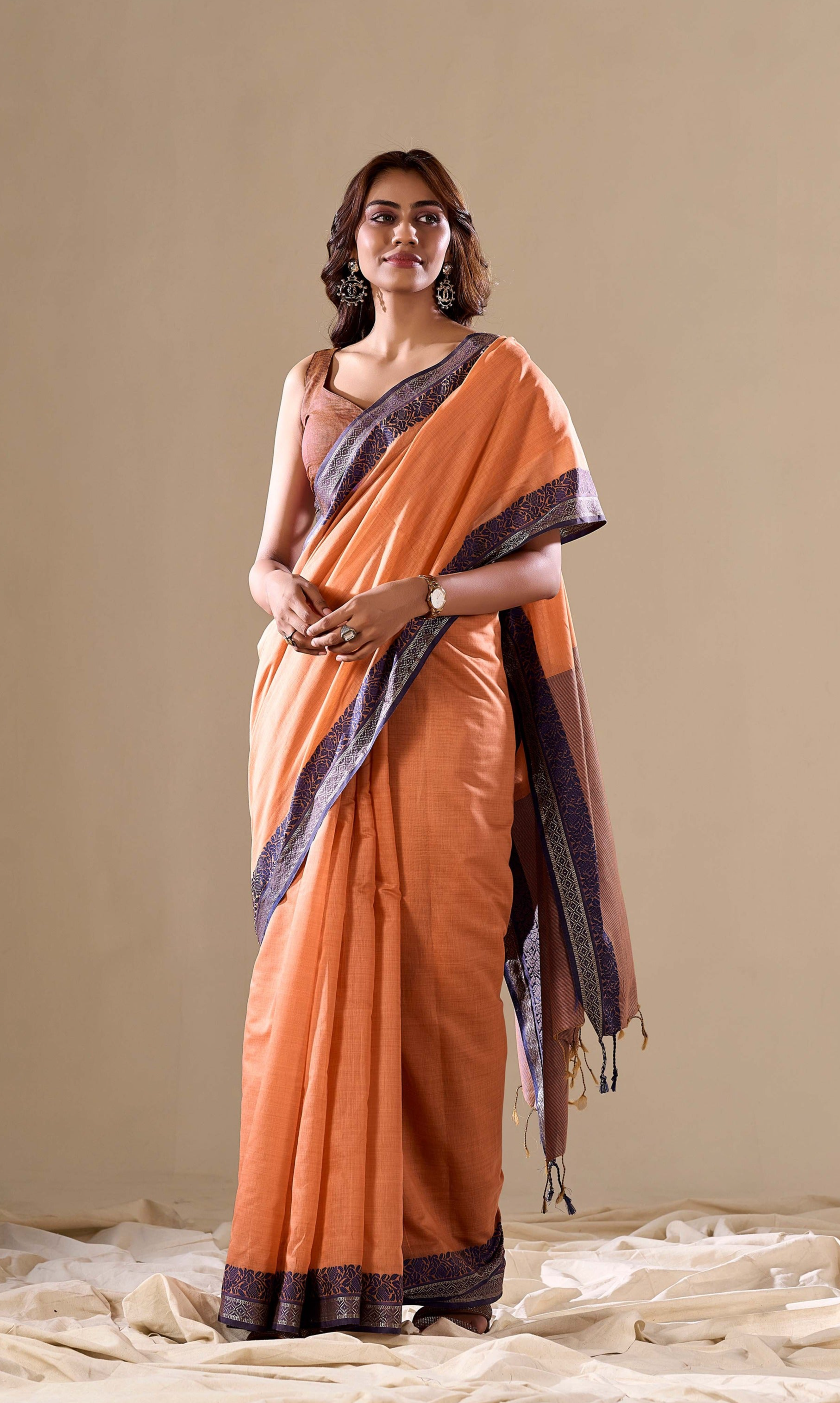 Elegant Orange Handloom Cotton Saree