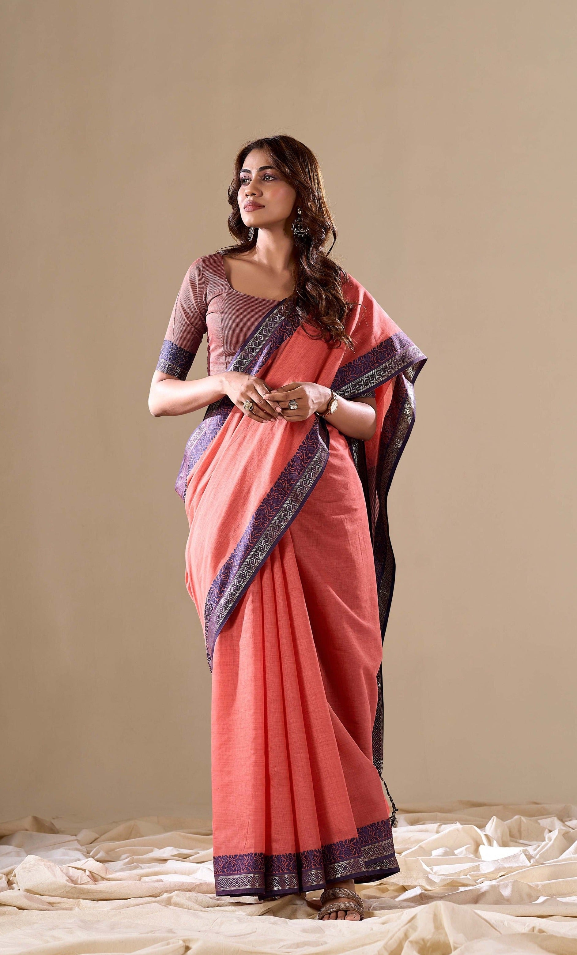 Elegant Peach Handloom Cotton Saree