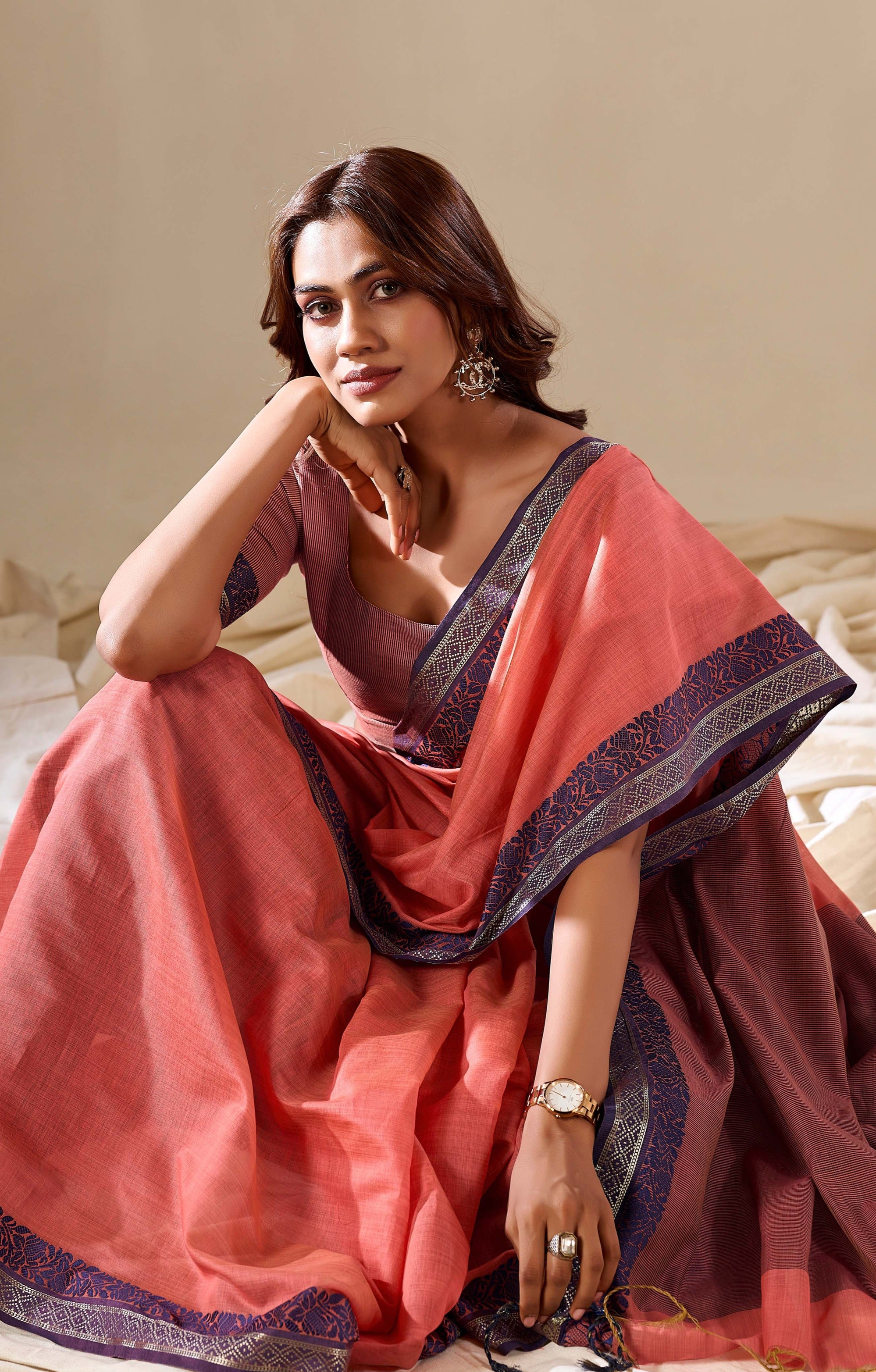 Elegant Peach Handloom Cotton Saree