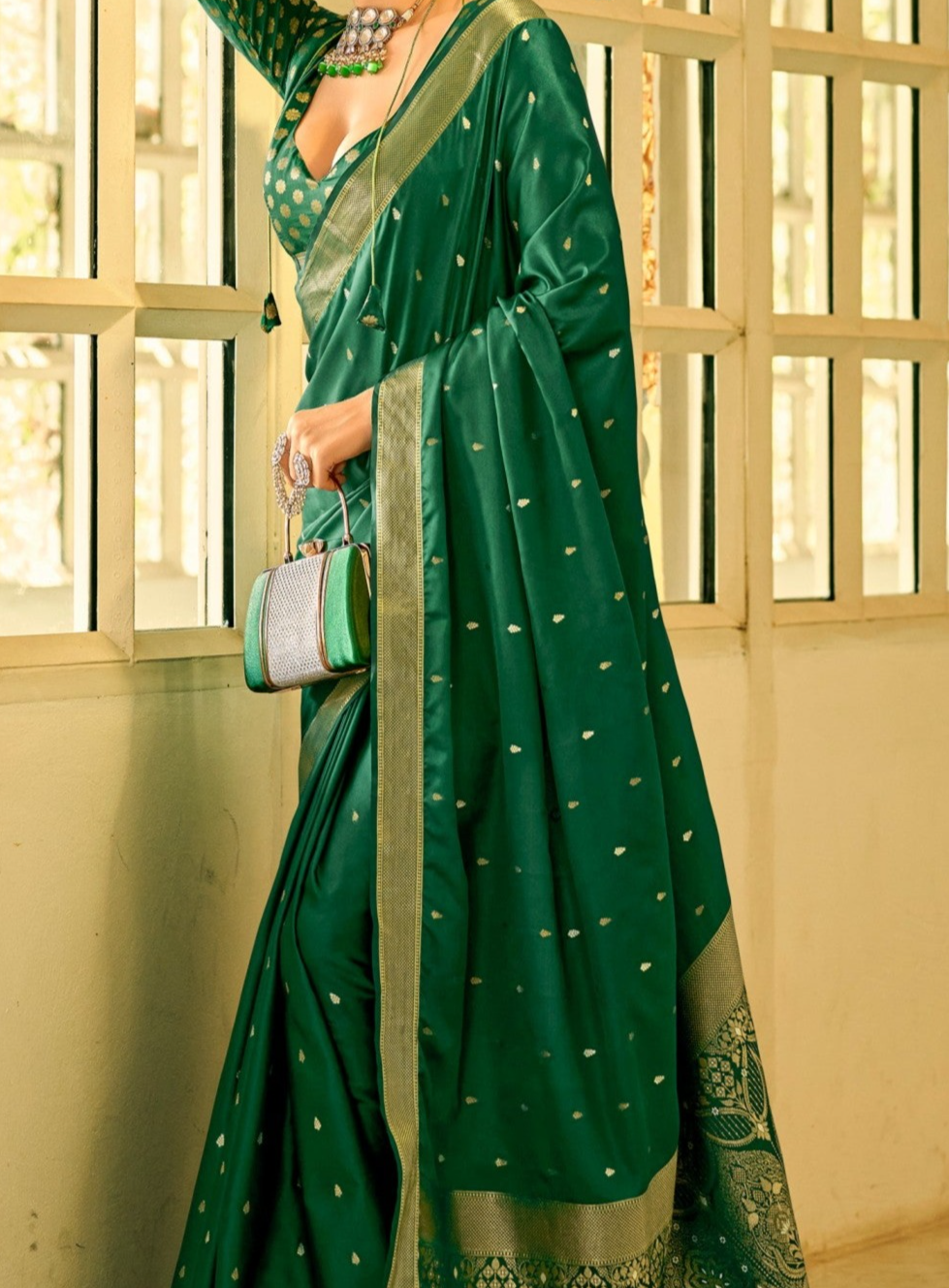 Elegant Dark Green Zari Woven Satin Silk Saree