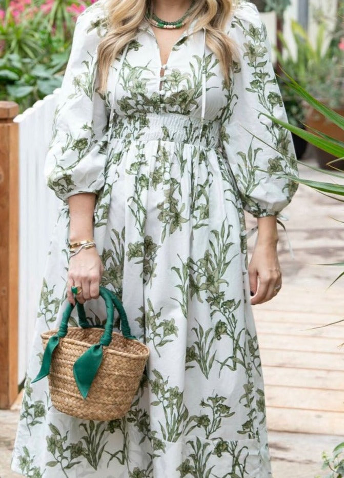 White & Green Chiffon Printed Maxi dress