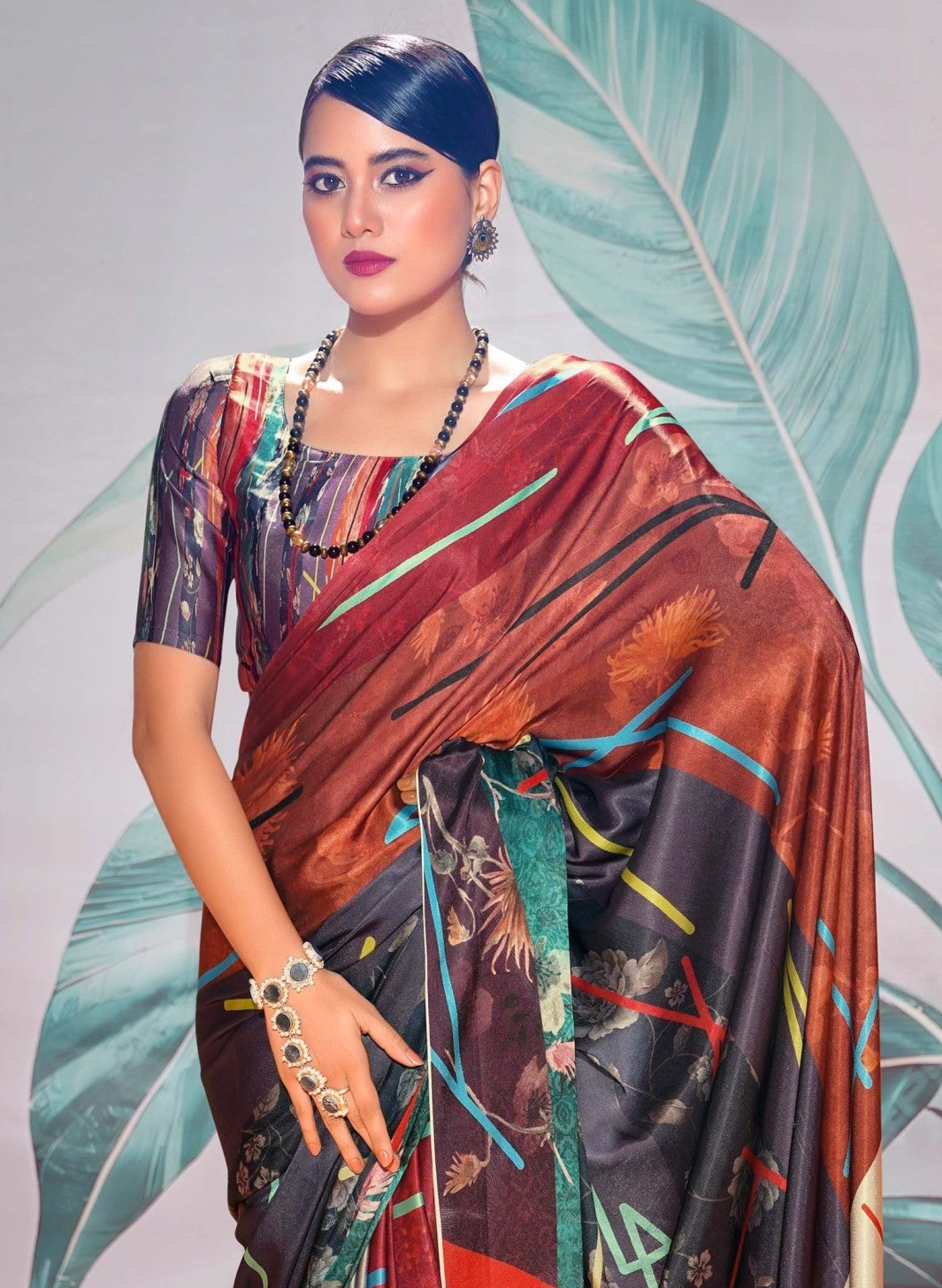 Sardine Grey Printed Satin Silk Saree