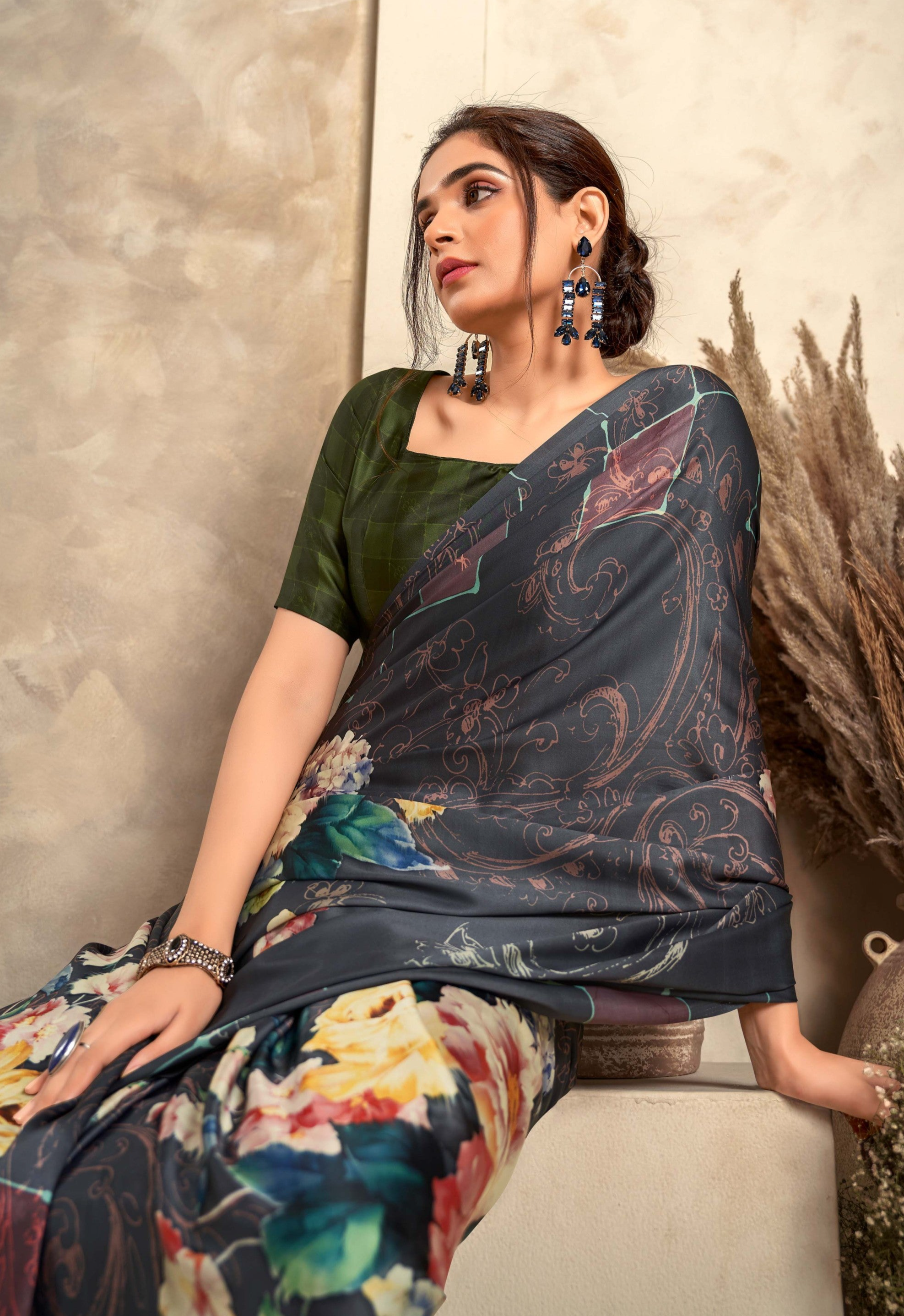 Metal Black Digital Printed Soft Silk Saree: