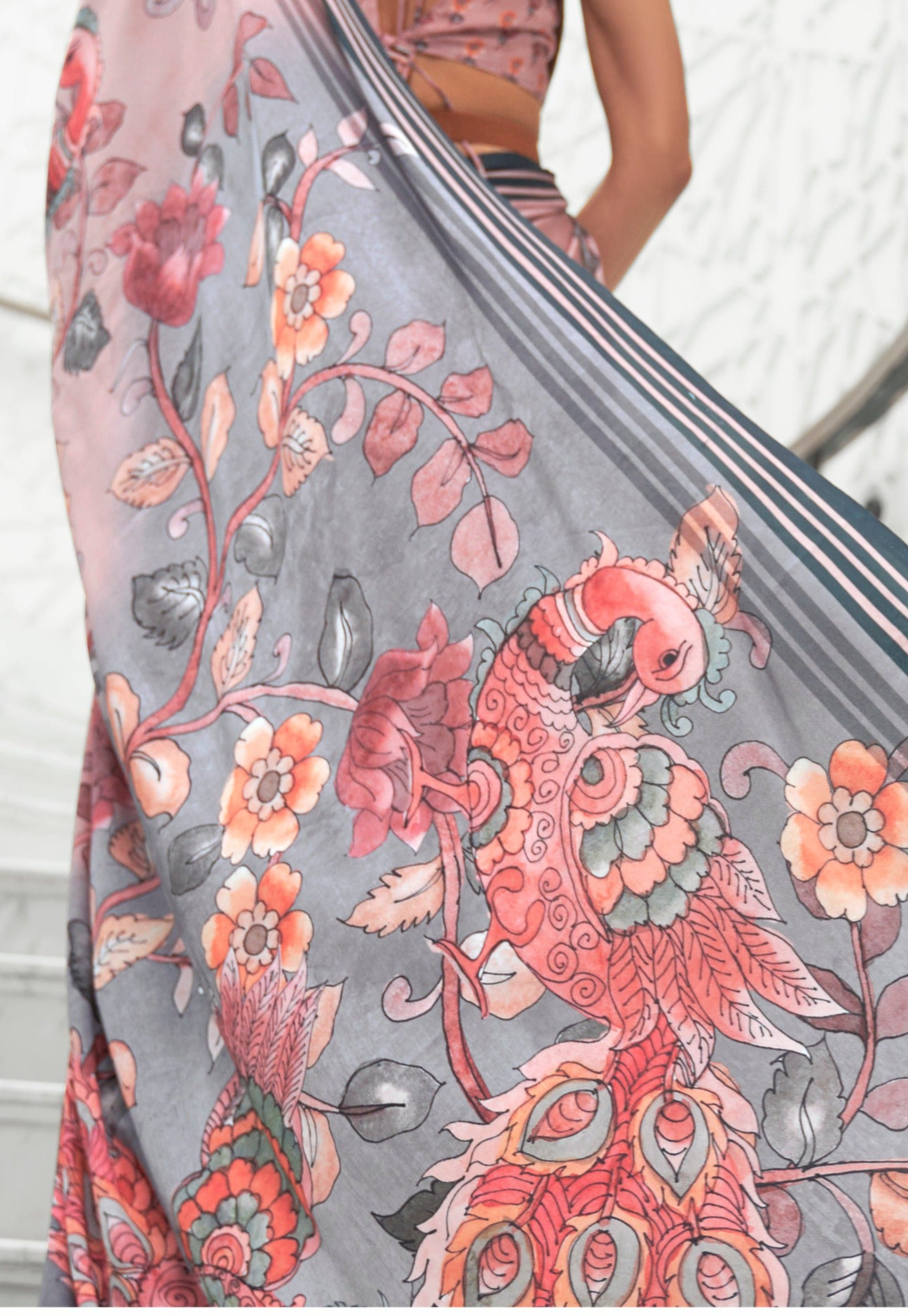 Elegant Light Pink Kalamkari Printed Crepe Saree