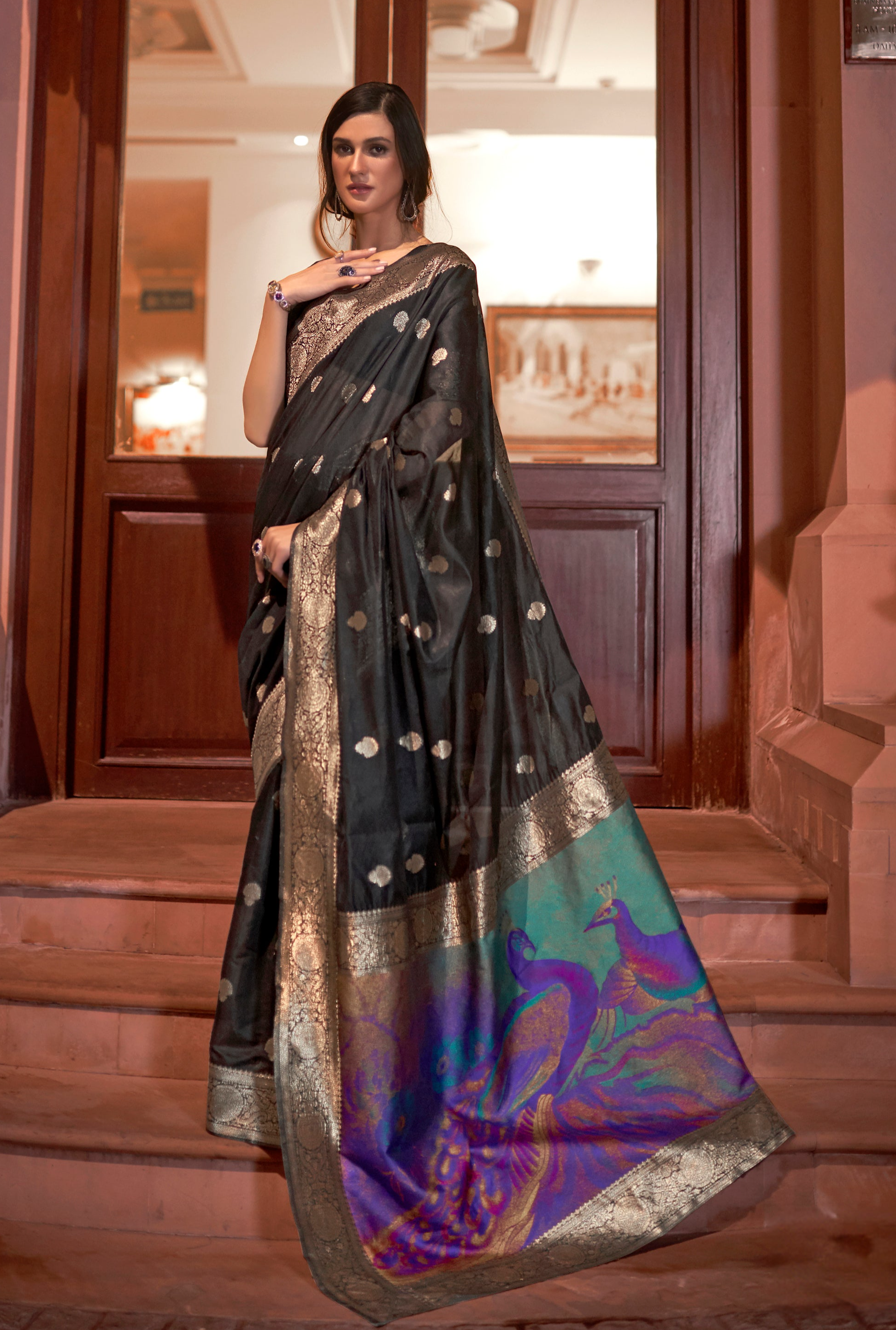 Elegant Black Zari Woven Banarasi Silk Saree with Peacock Pallu