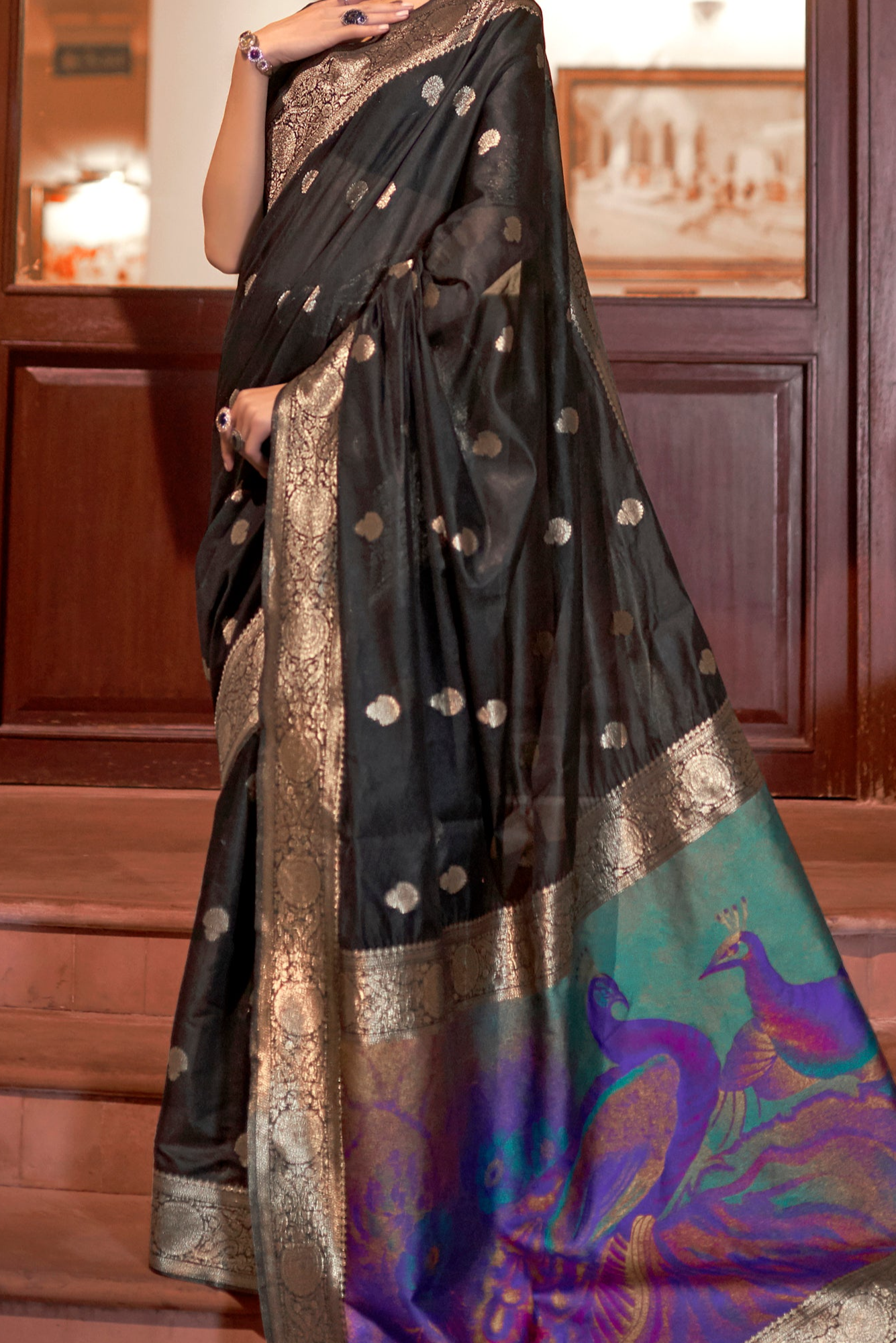 Elegant Black Zari Woven Banarasi Silk Saree with Peacock Pallu