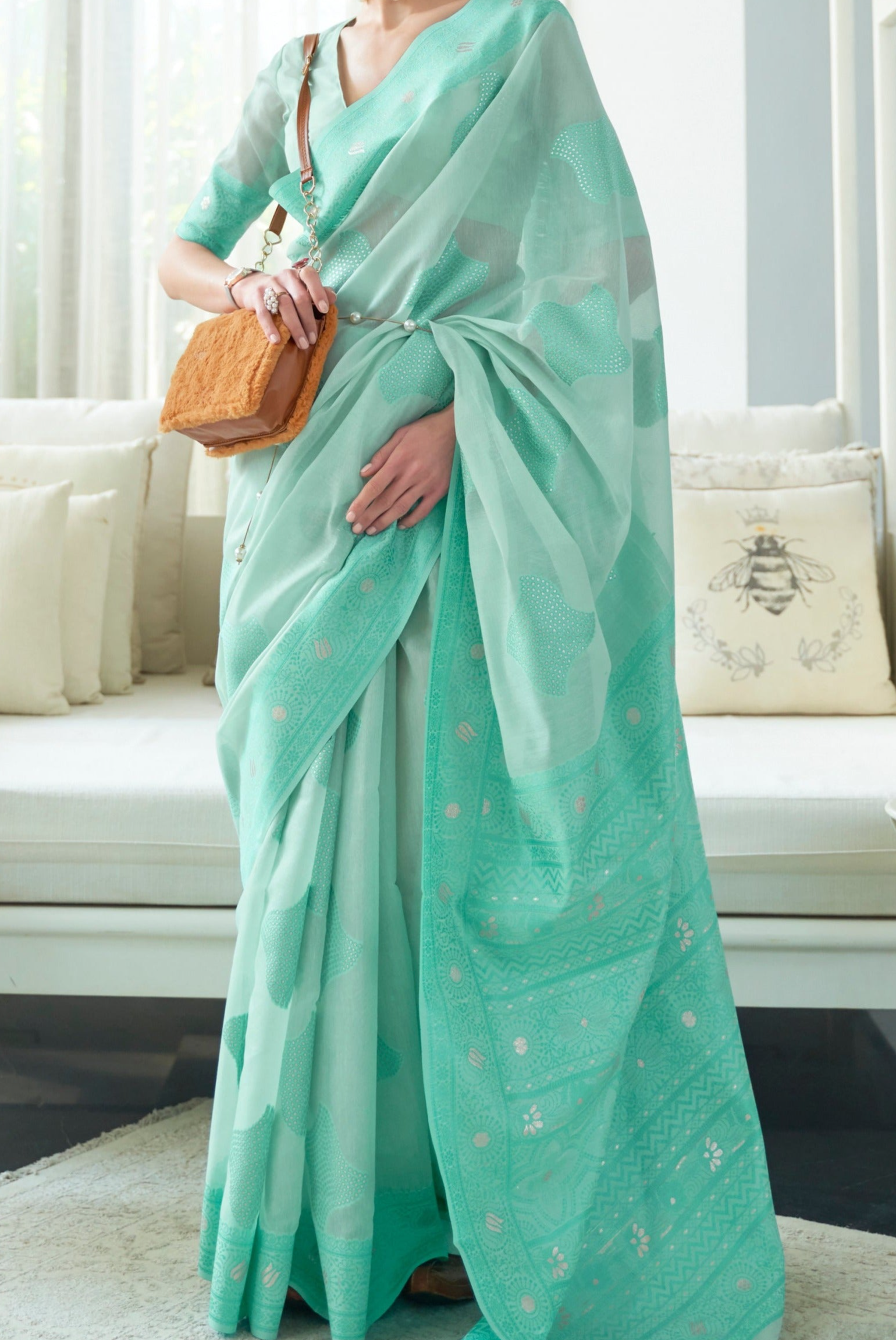 Elegant Aqua blue Lucknowi Chikankari Woven Silk Saree