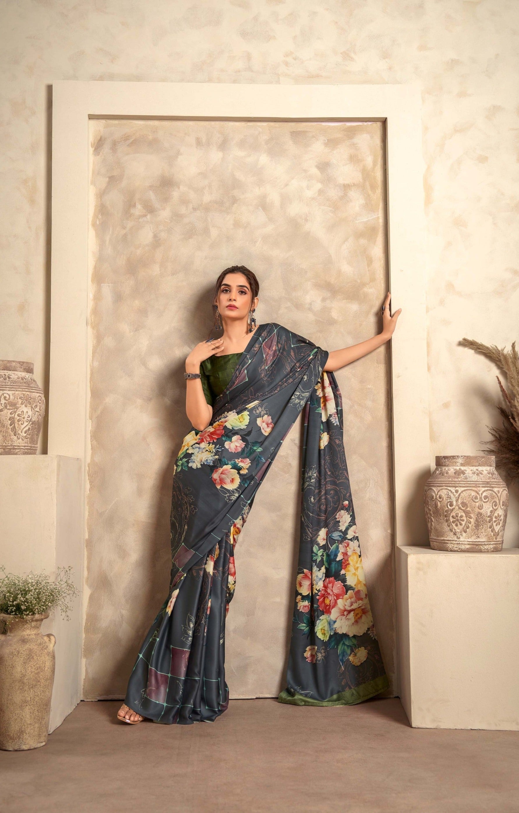 Metal Black Digital Printed Soft Silk Saree: