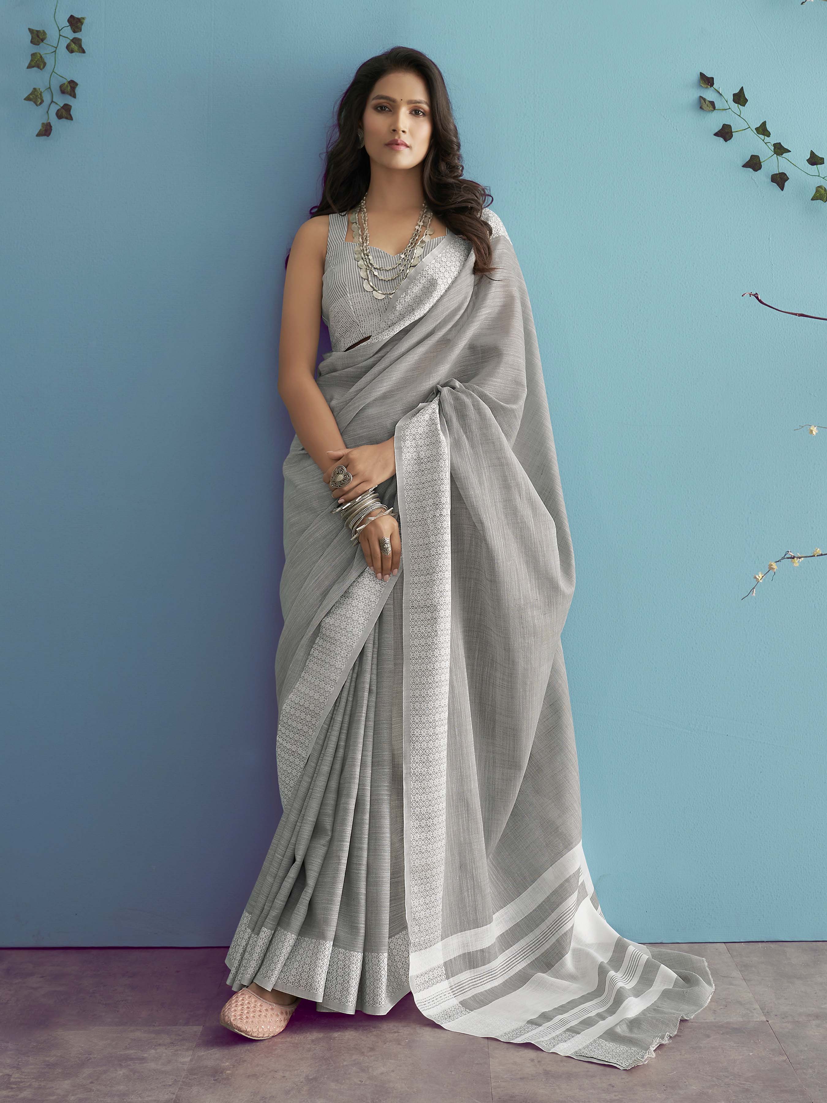 Elegant Smoke Grey Pure Cotton Saree