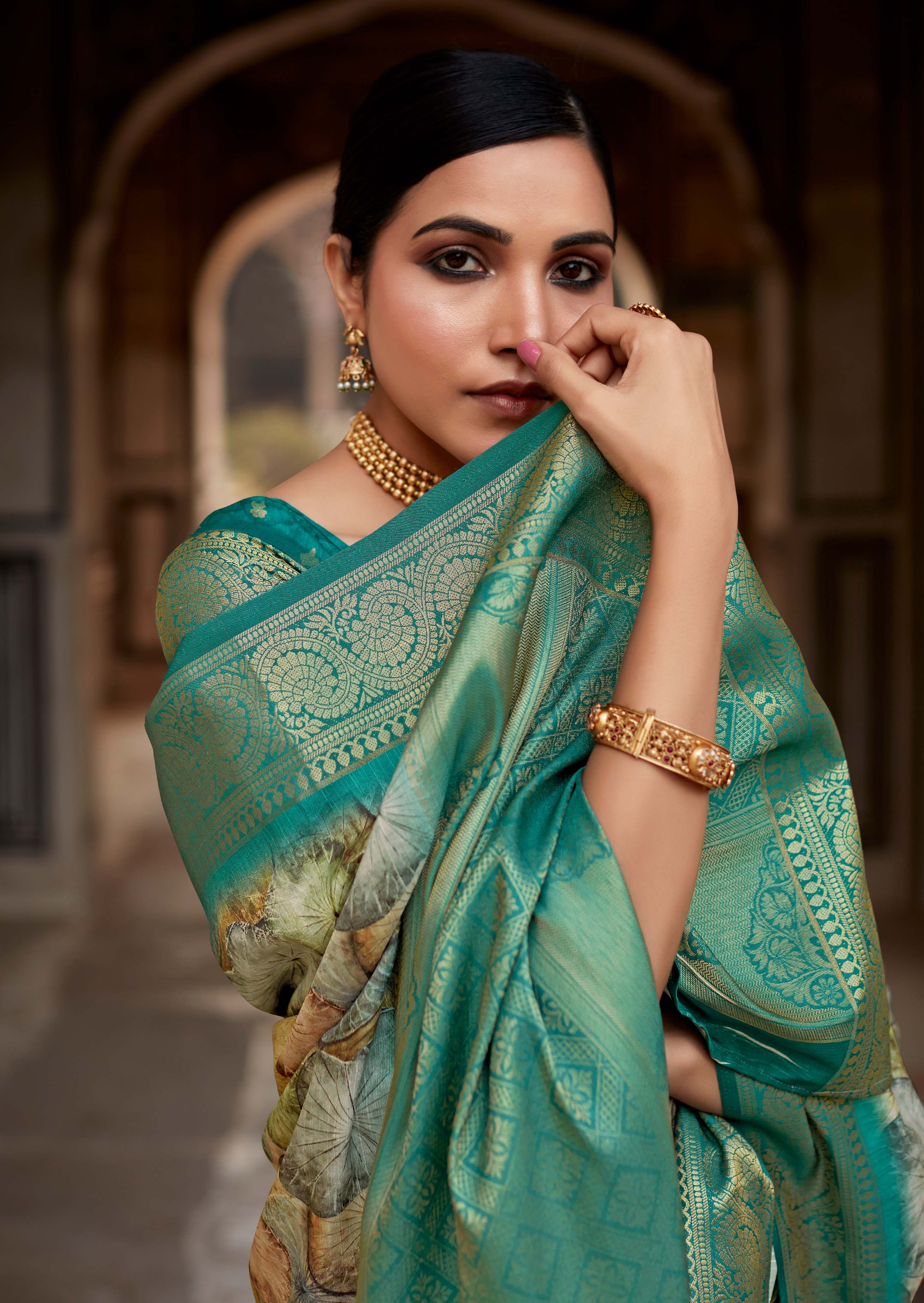 Viridian Green Banarasi Printed Silk Saree