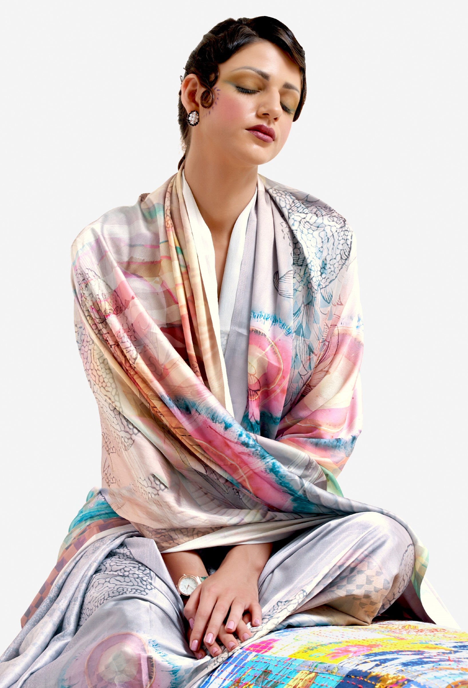 Grey Mist Multicoloured Printed Satin Silk Saree