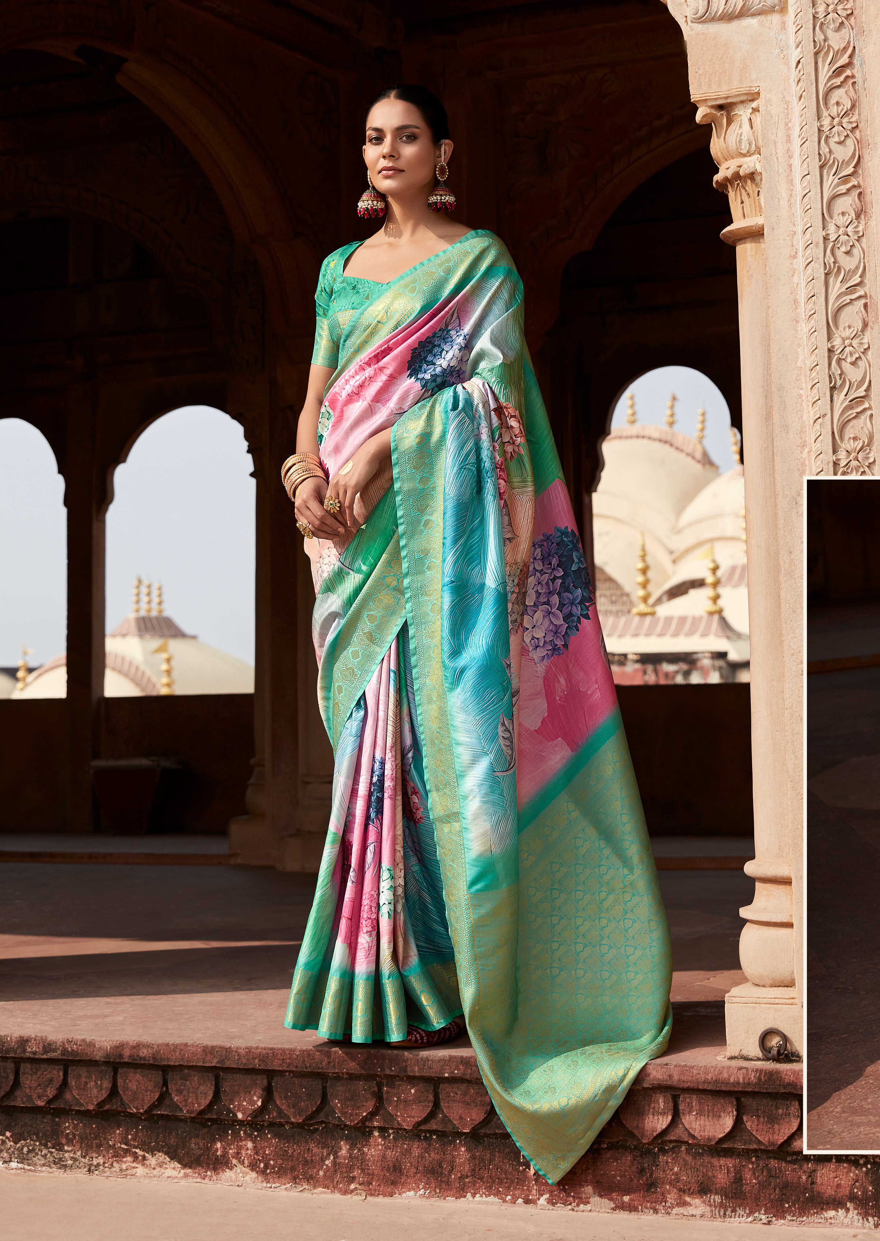 Sea Green and Pink Digital Printed Soft Silk Saree