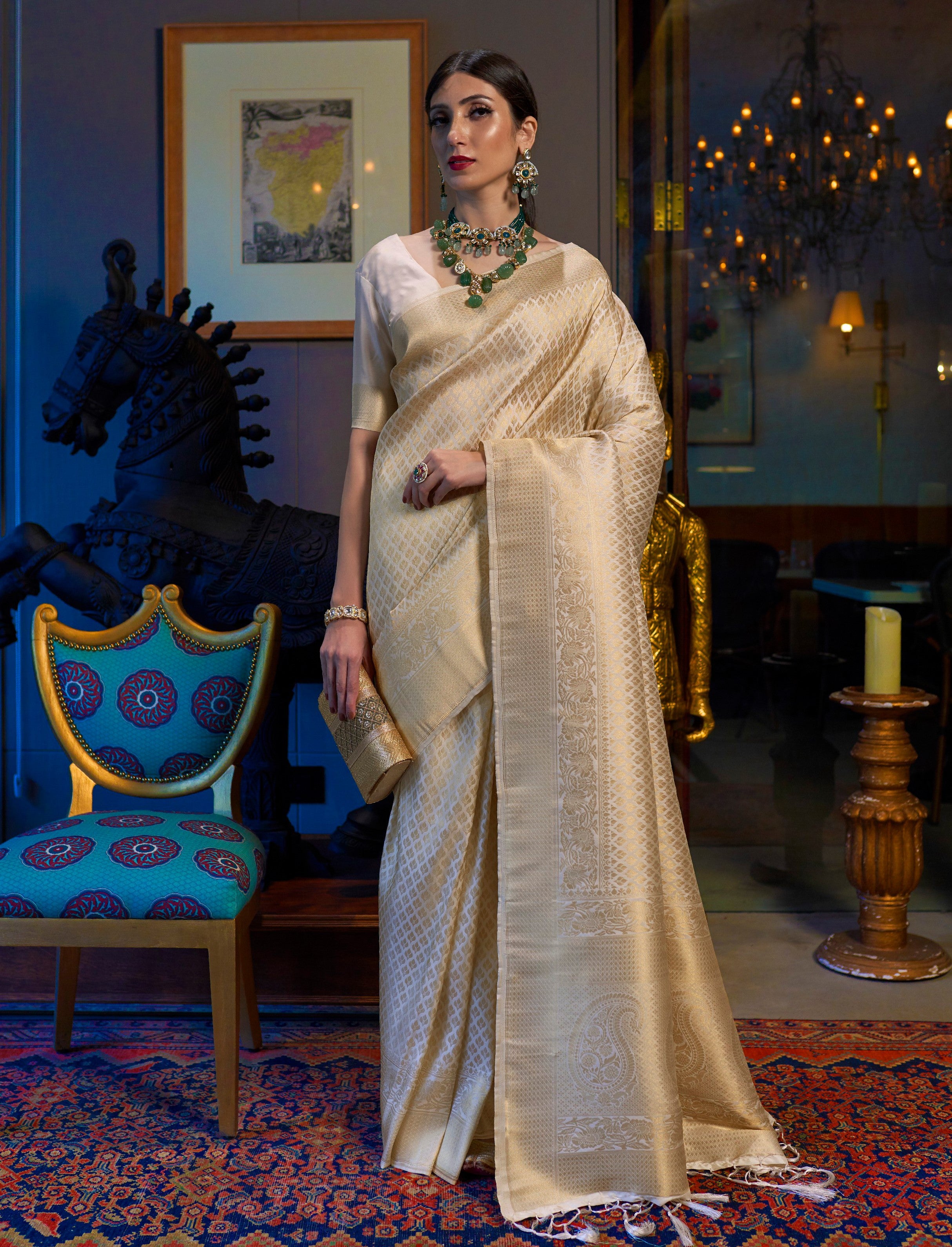 Golden Ivory Dream Kanjivaram Saree: Opulent Elegance in Off White