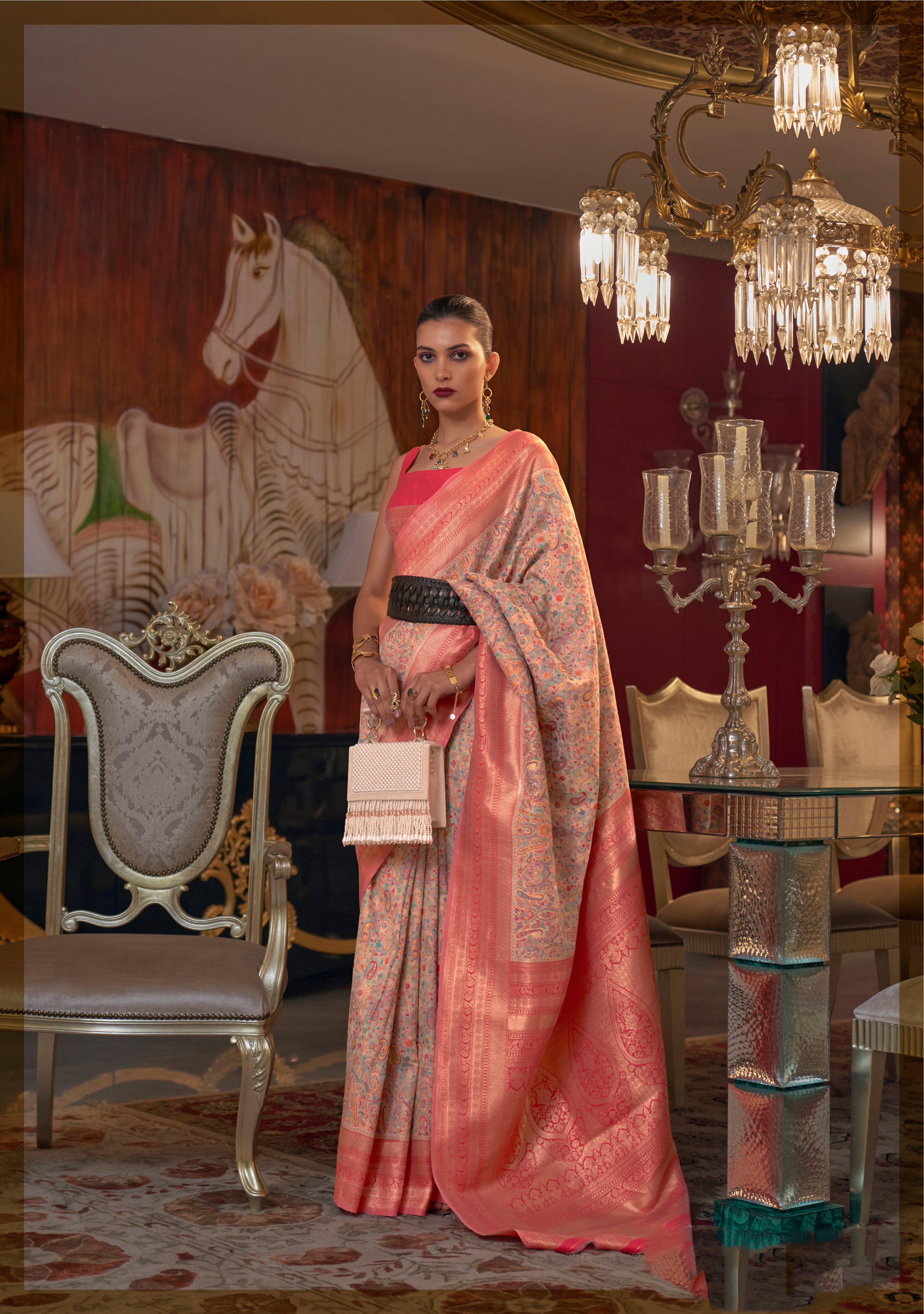 Peach Delight Kashmiri Jamewar Silk Saree