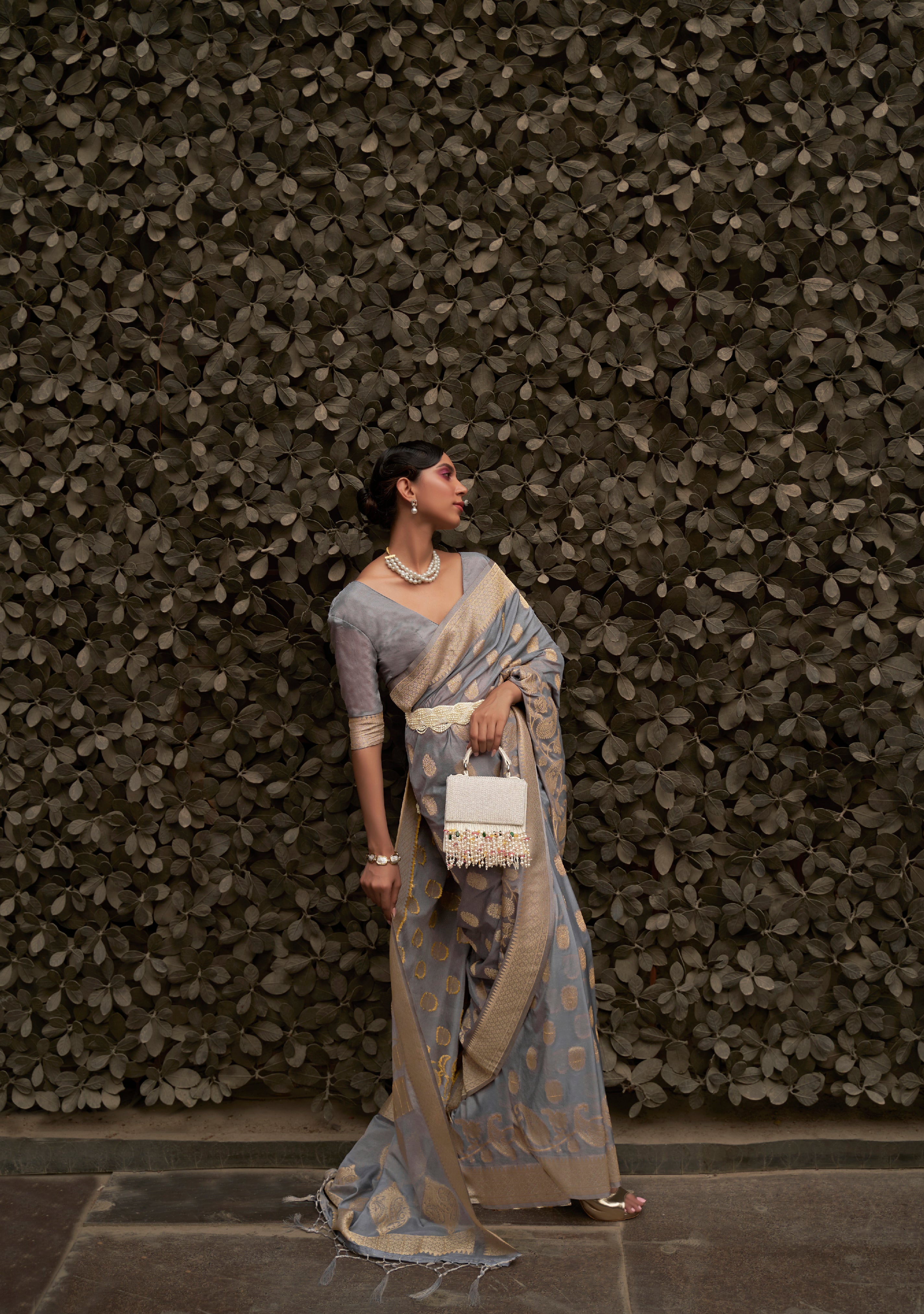 Elegant Gray Banarasi Chiffon Saree