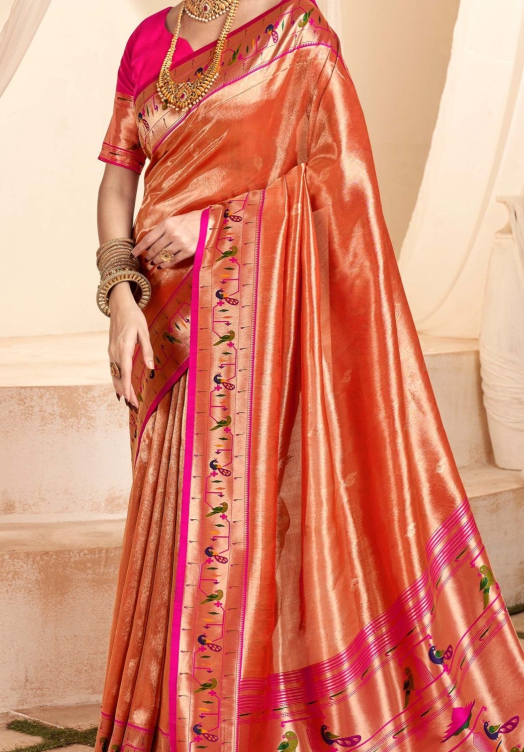 Vibrant Orange Paithani Tissue Silk Saree