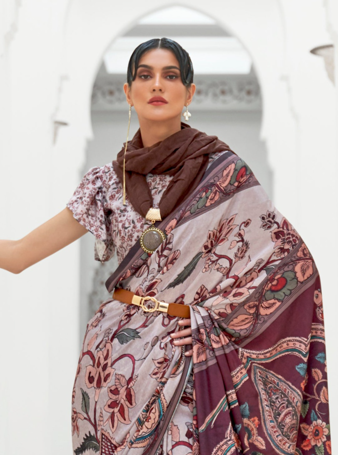 Elegant Brown Kalamkari Printed Crepe Saree - Timeless Charm