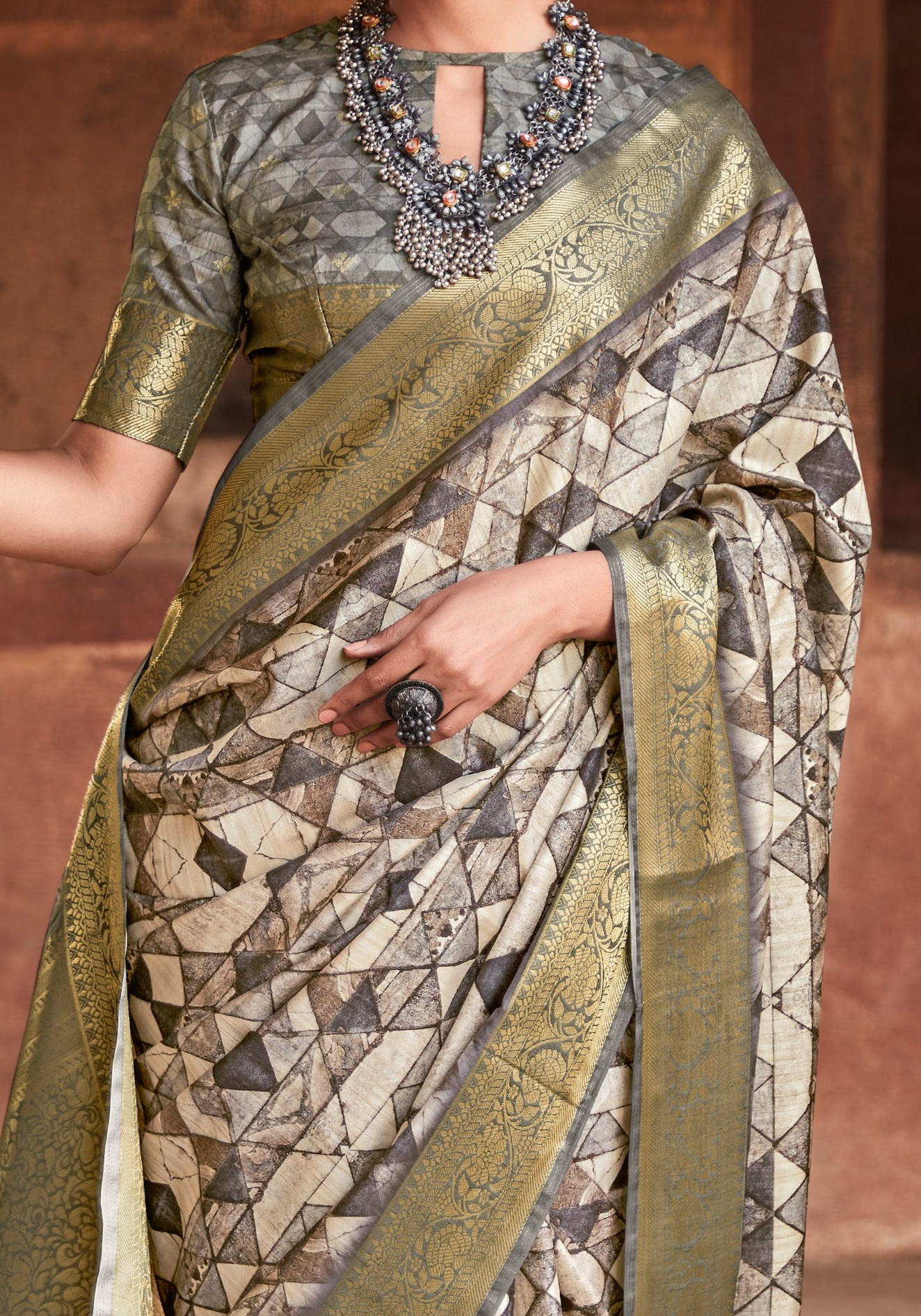 Opulent Ivory Cream & Slate Grey Handloom Banarasi Silk Saree