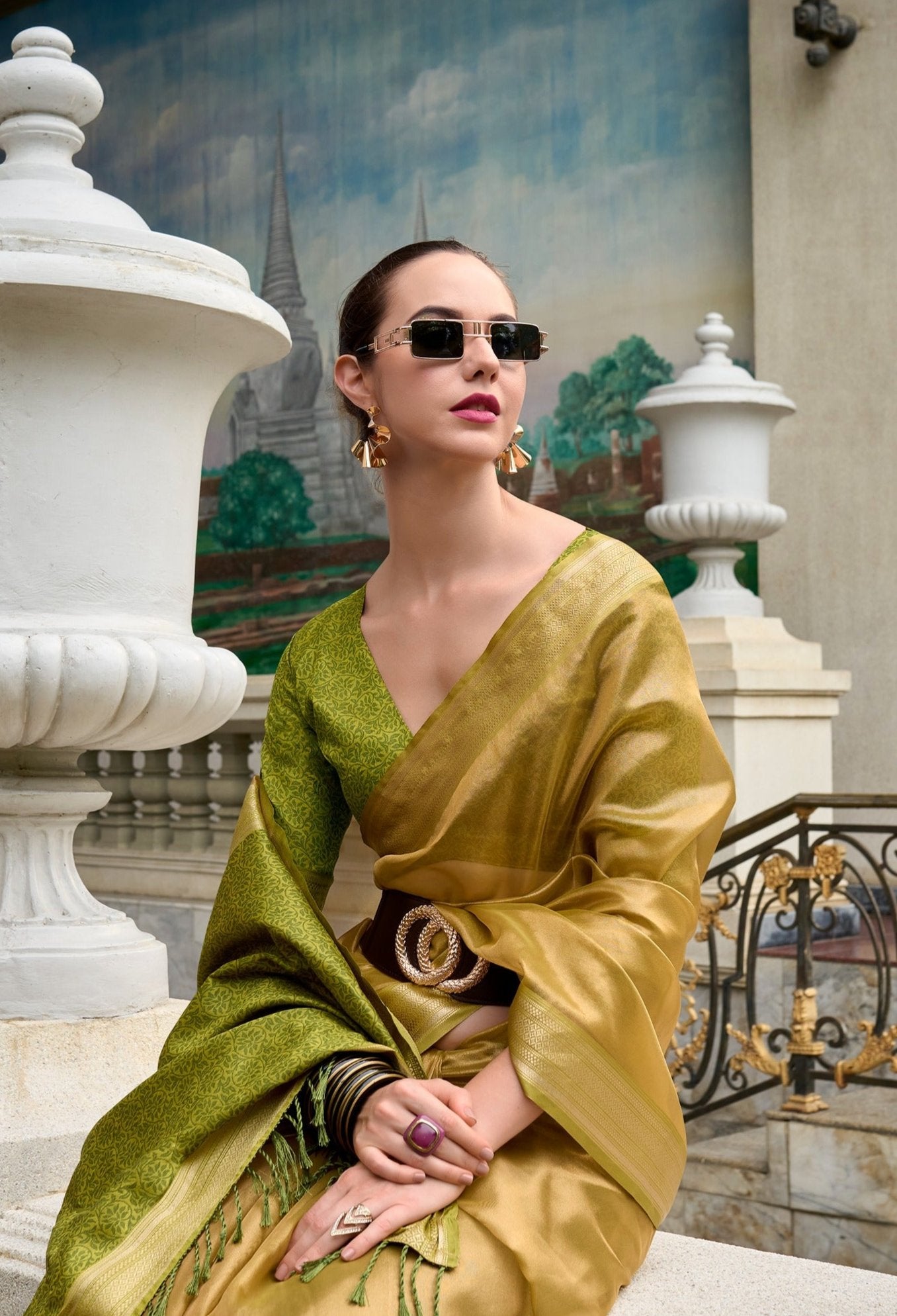 Elegance in Every Hue: Green and Gold Pure Tissue Silk Saree"