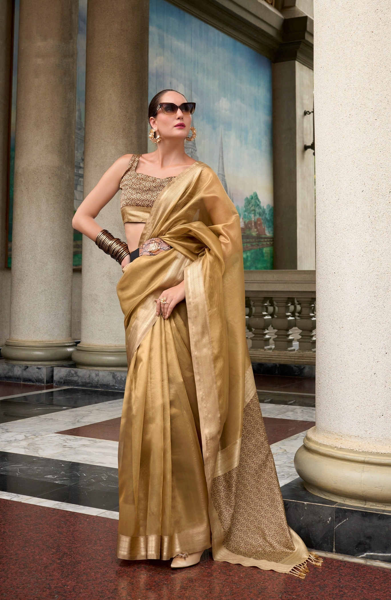 Radiant Elegance: Pure Tissue Silk Saree in Golden with Exquisite Designer Pallu