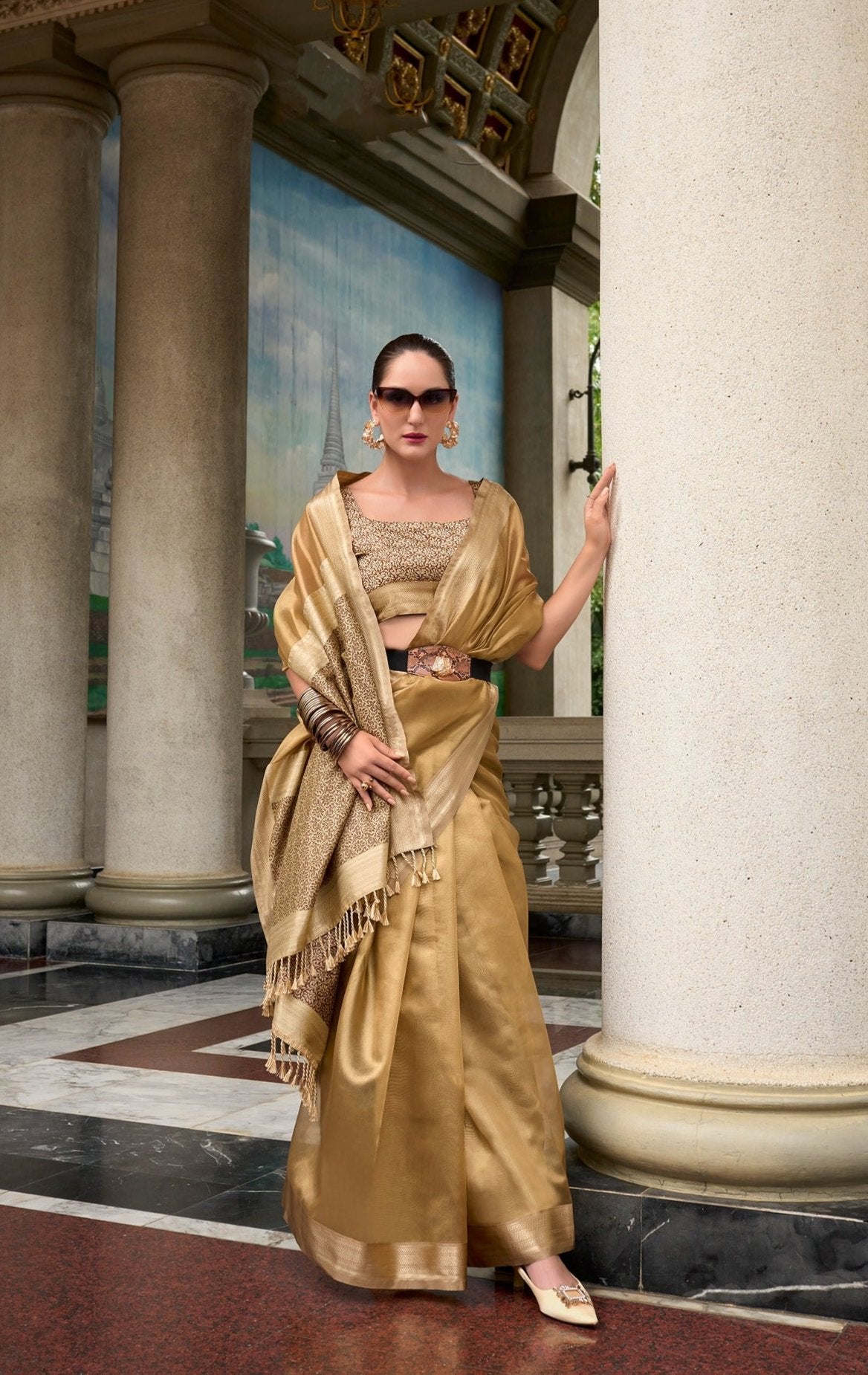 Radiant Elegance: Pure Tissue Silk Saree in Golden with Exquisite Designer Pallu