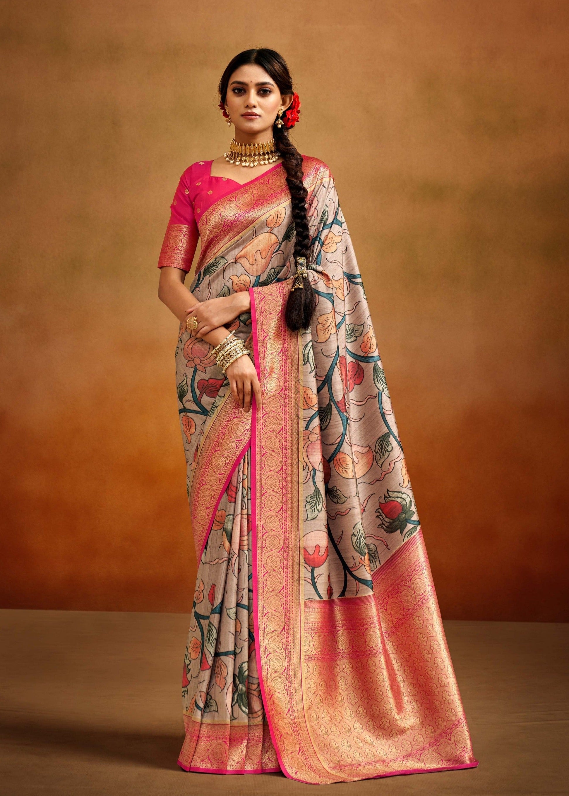 Dual Tone Grey and Pink Woven Banarasi Kalamkari Silk Saree