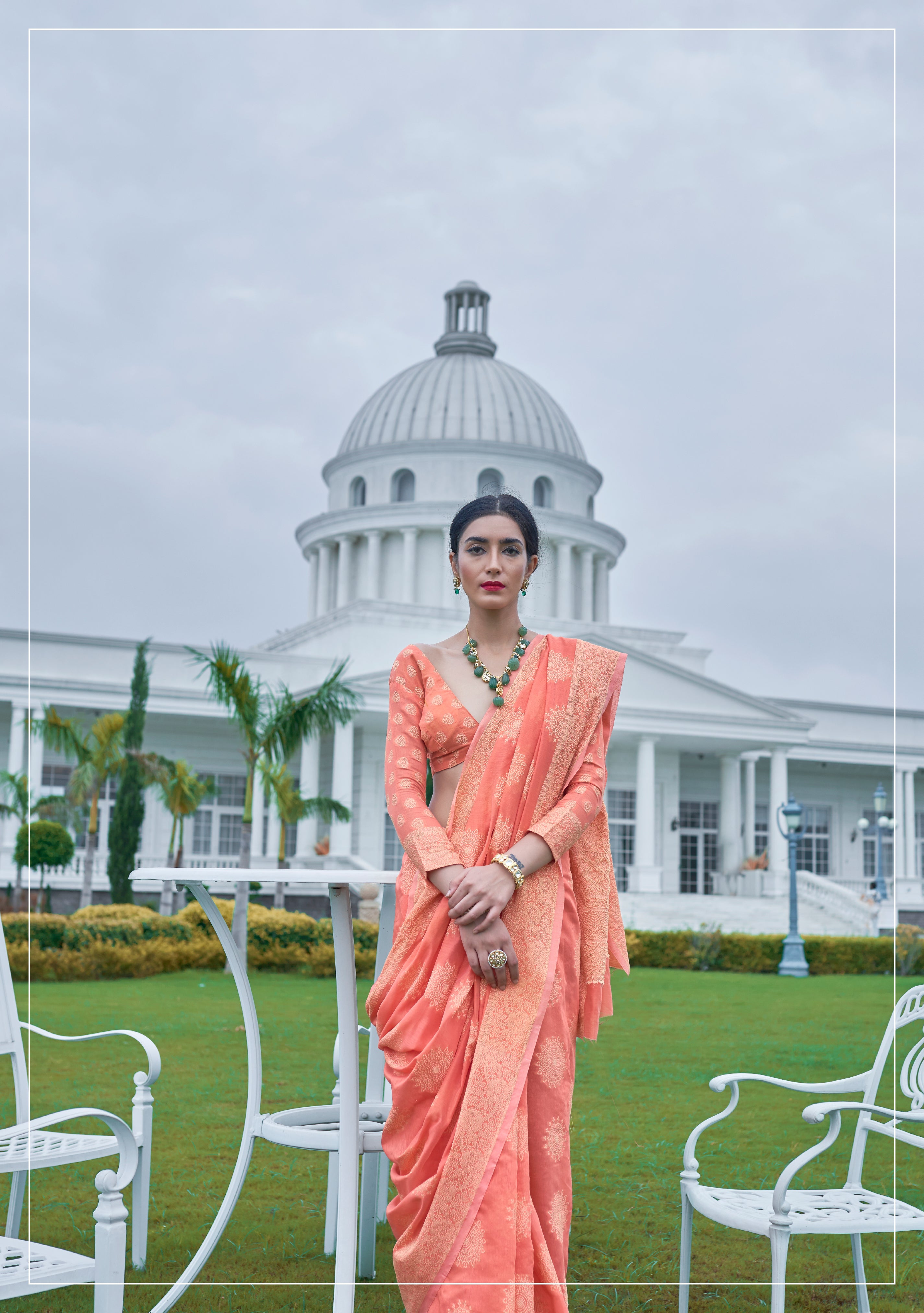 Blushing Coral Pink Chikankari Cotton Saree