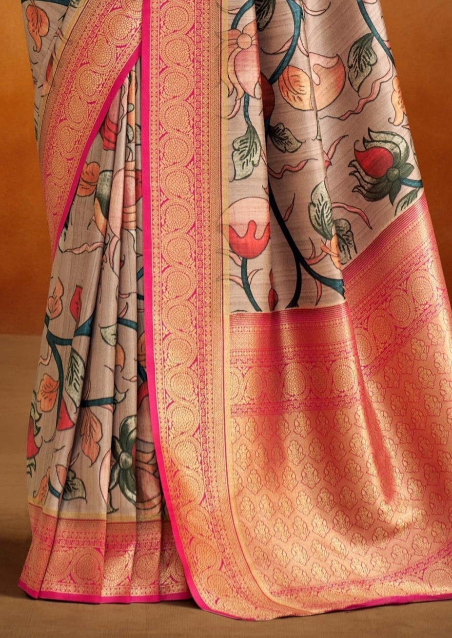 Dual Tone Grey and Pink Woven Banarasi Kalamkari Silk Saree