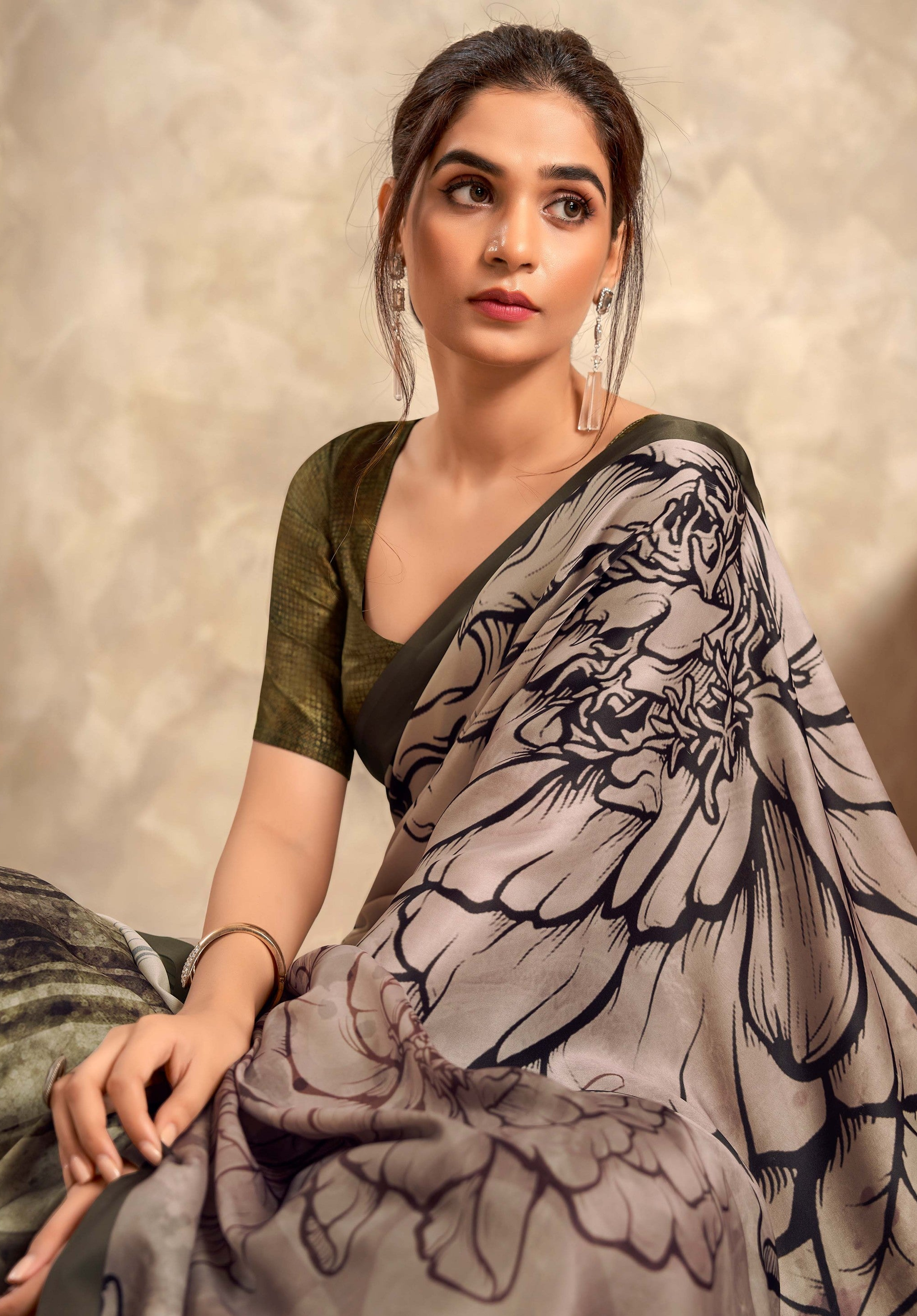 Sardine Grey and Green Digital Printed Soft Silk Saree