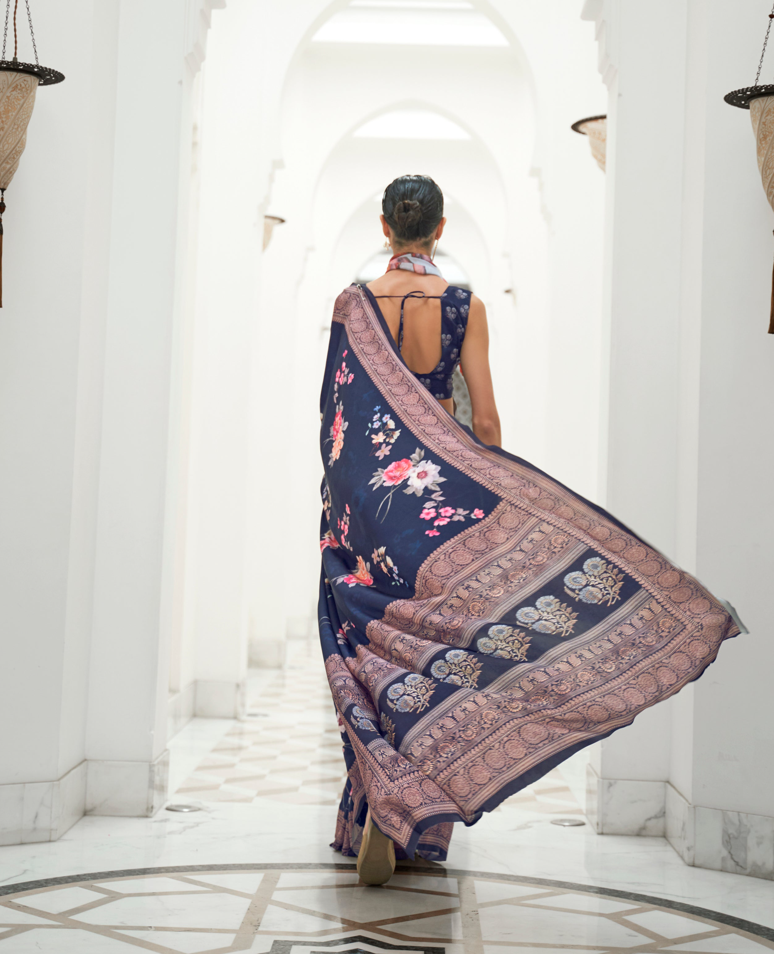 Stunning Navy Blue Kalamkari Printed Crepe Saree