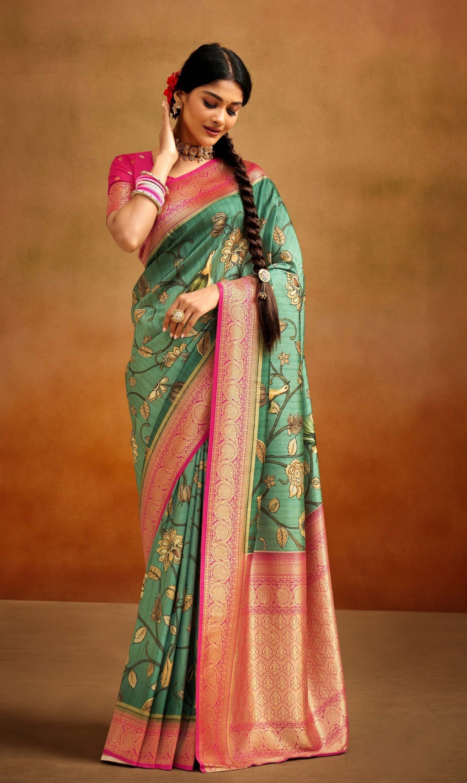 Mint Green Banarasi Kalamkari Silk Saree - Blossoming Elegance