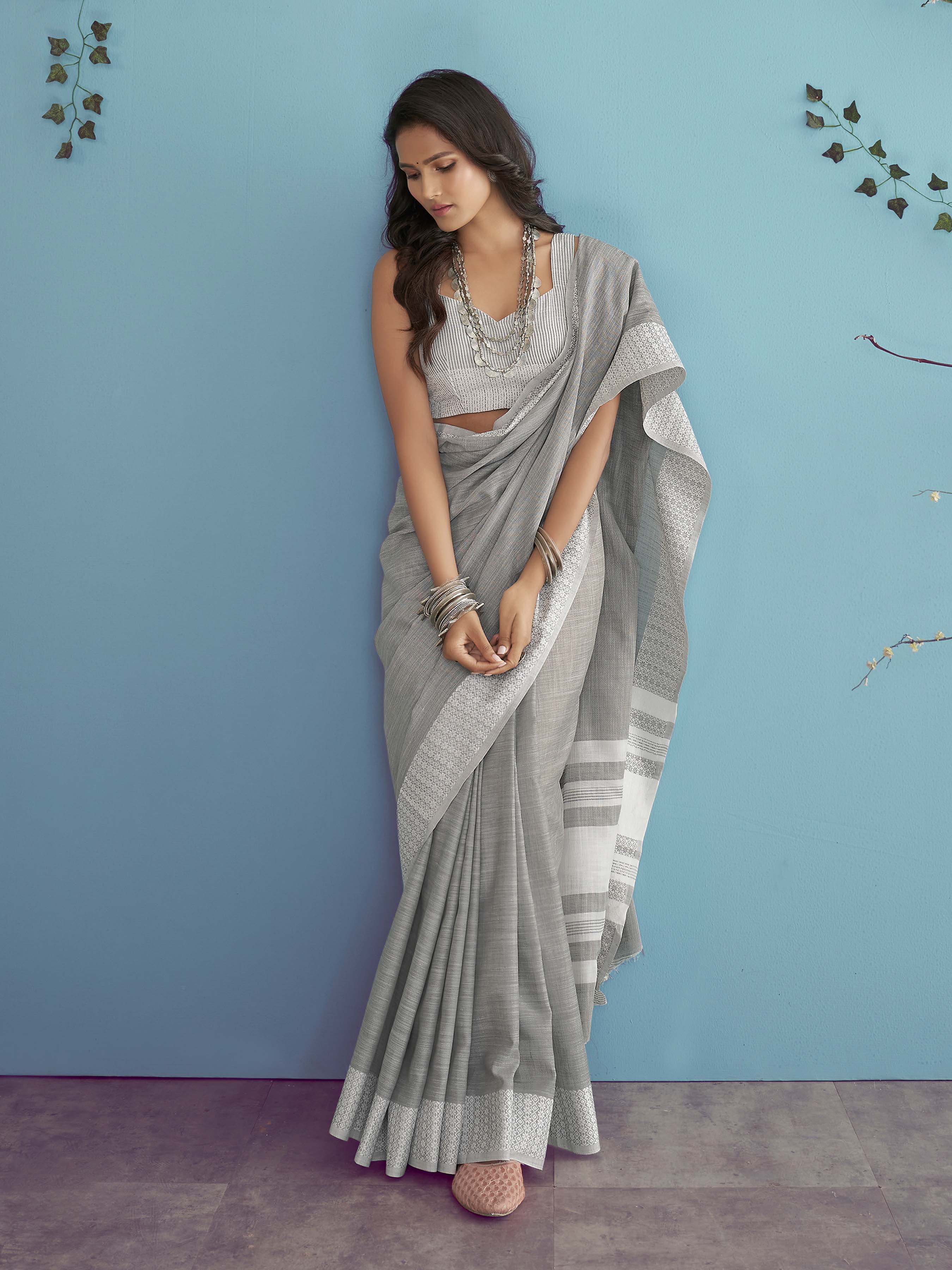 Elegant Smoke Grey Pure Cotton Saree