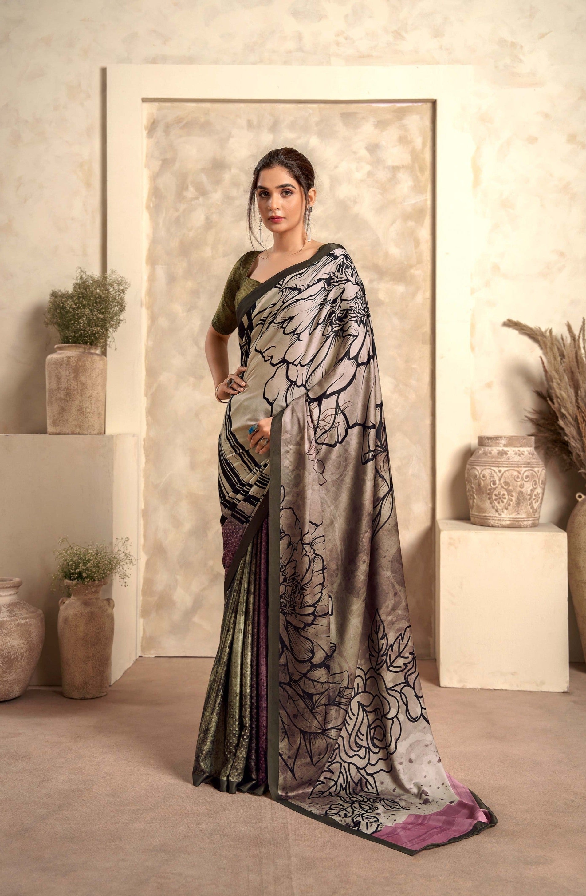 Sardine Grey and Green Digital Printed Soft Silk Saree