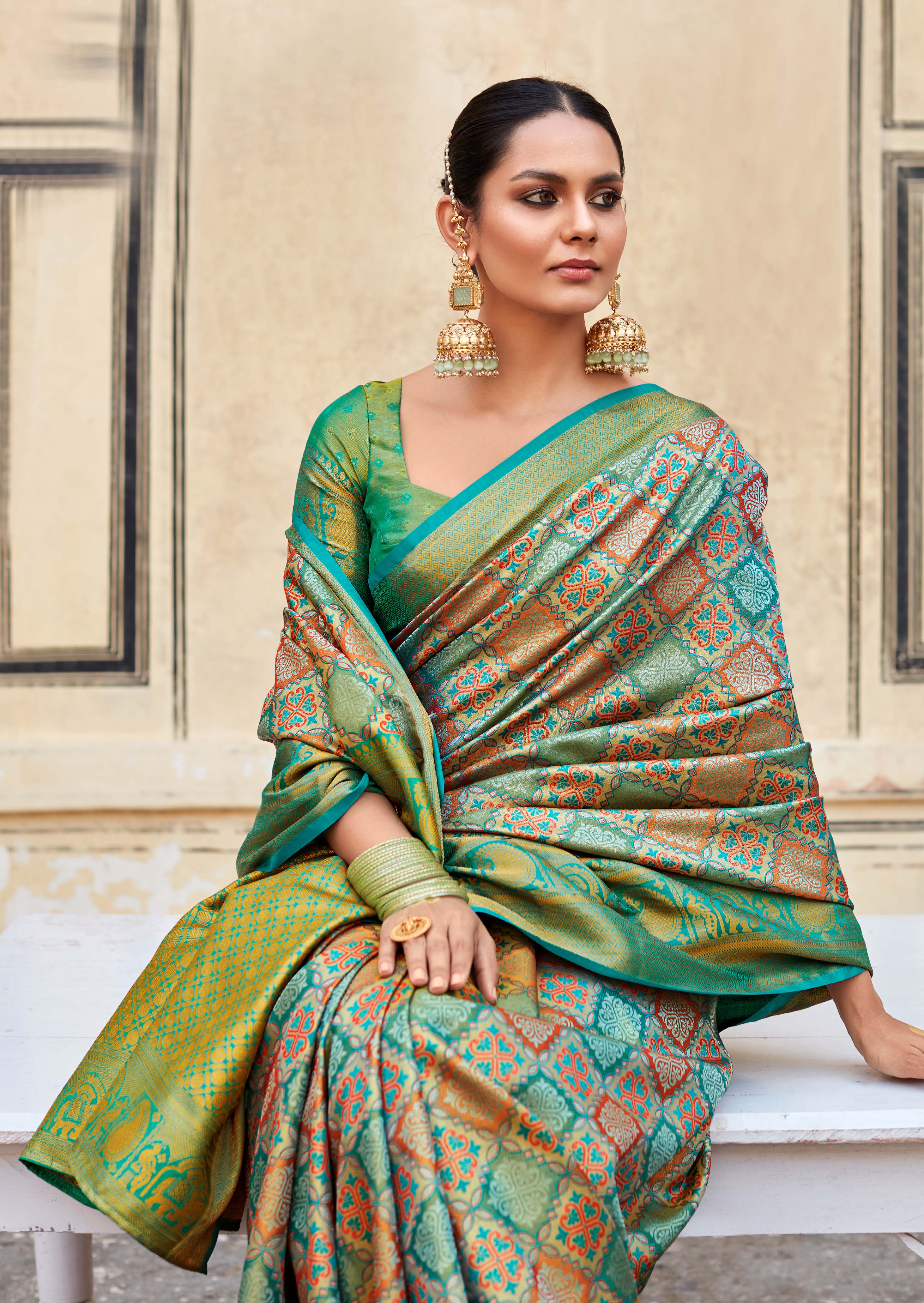 Sapphire Grove Green and Blue Woven Banarasi Silk Saree