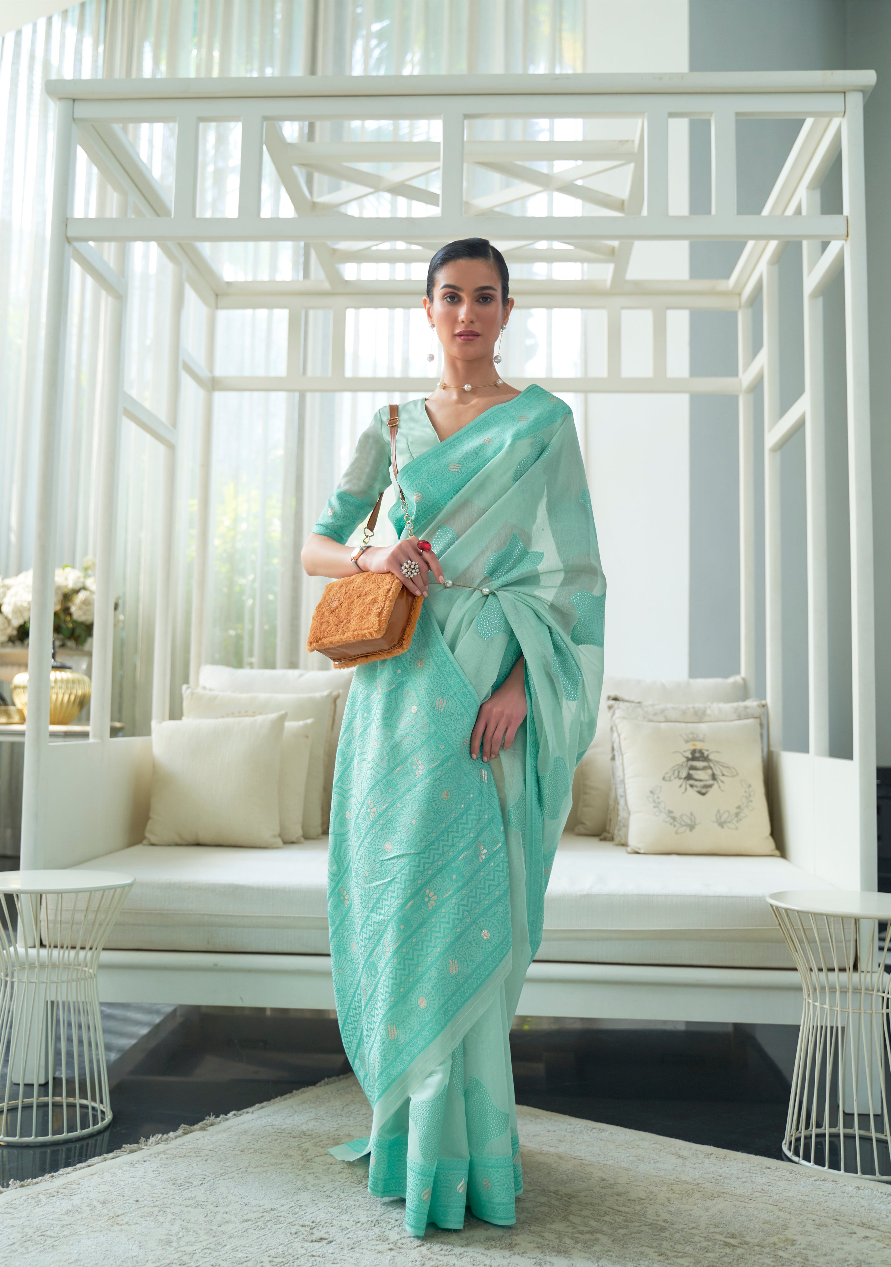 Elegant Aqua blue Lucknowi Chikankari Woven Silk Saree